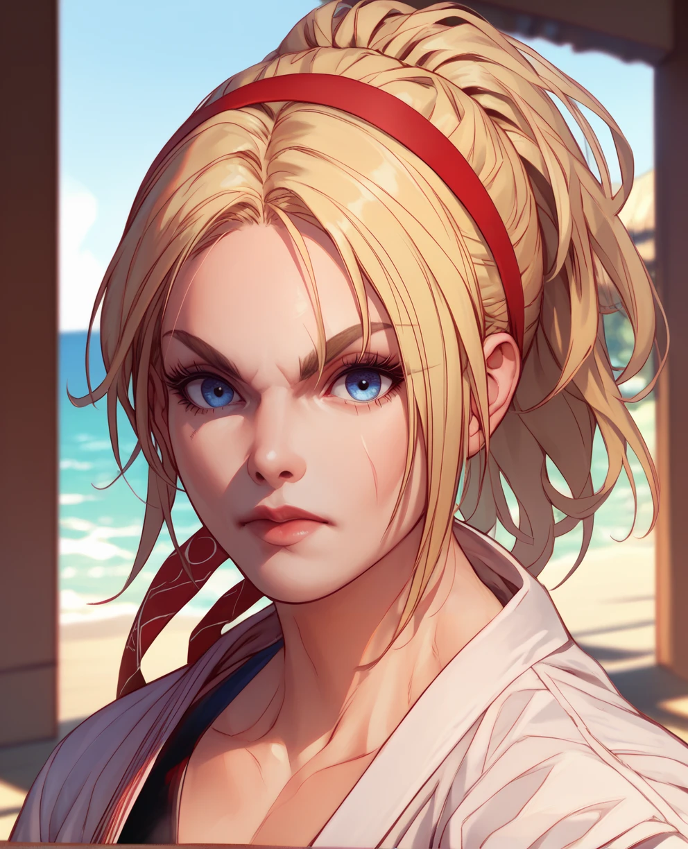 score_9,score_8_up,score_7_up,score_6_up,lidiasxl,blue eyes,ponytail,blonde hair,red hairband,white karate gi,black undershirt,
standing,upper body, facing  forward, 
dojo,sea,
<lora:LidiaXL2>,looking at viewer,