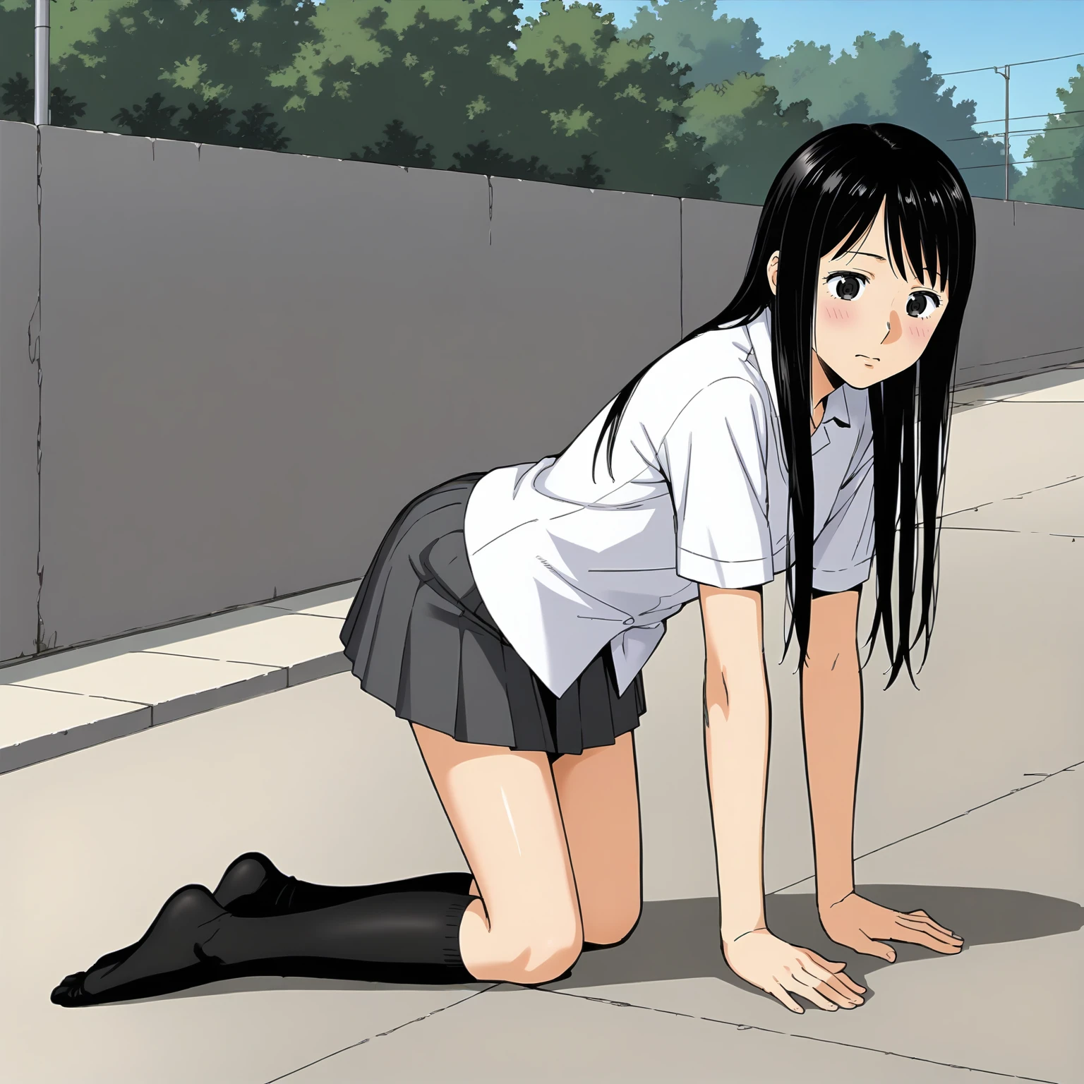 <lora:KZ_RihoIidaXLpony002>,
solo,
RihoIida,1girl,black hair,long hair,black eyes,
dress_shirt,short_sleeves,
pleated_skirt,
black socks,knee length socks,
outdoors,
full body,all fours,