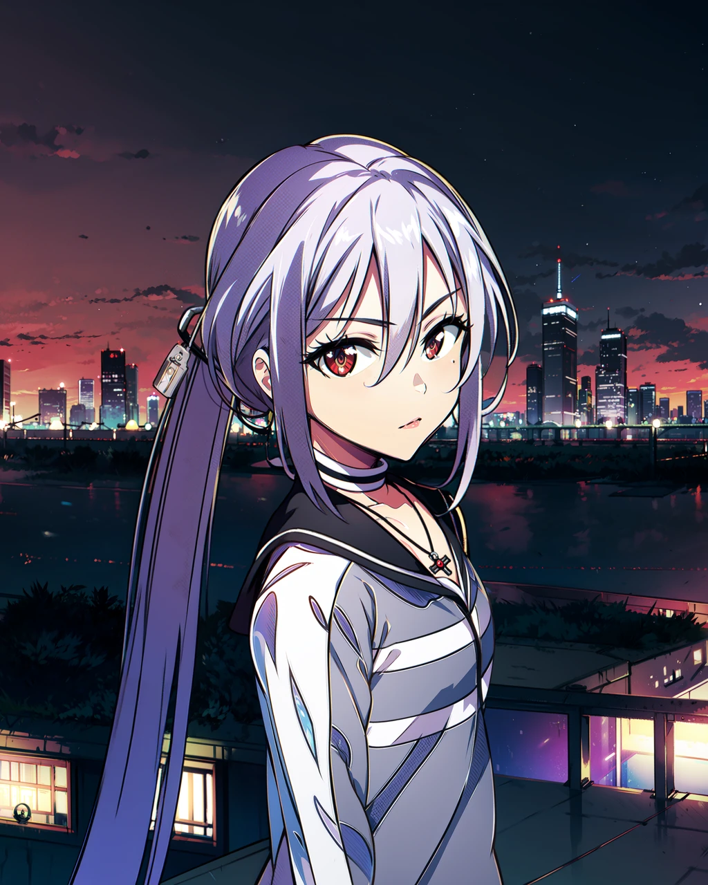 masterpiece, high quality, pmmmamanosuzune, 1girl, upper body, medium shot, standing, (side view:0.8), amulet in hair, red eyes, grey hair, (looking at viewer), ponytail, white striped choker, cross with red gem on necklace, (grey with white coat), serious, outdoors, city, roof, night, sky, stars, cityscape, detailed, cute, <lora:pmmmamanosuzune:0.9>