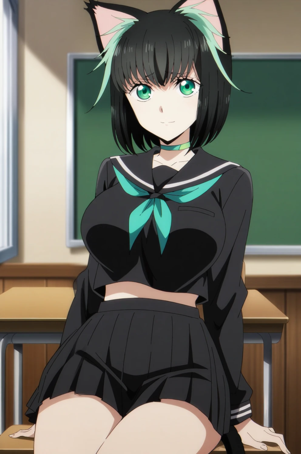 (masterpiece), (best quality), (intricate details, very aesthetic), good hands, 1girl, <lora:tama-animagine:0.8> tama_wz, black hair, two-tone hair, green hair, short hair, cat ears, large breasts, green eyes, large breasts, cat tail, chocker, serafuku, school uniform, miniskirt, pleated skirt, sitting, classroom, indoors, school chair, looking at viewer, light smile, light blush, board,