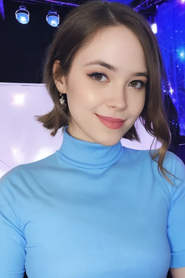 Portrait photo of al1c3m00nst0n3 woman, light blue turtleneck blouse, in a night club, makeup, smile