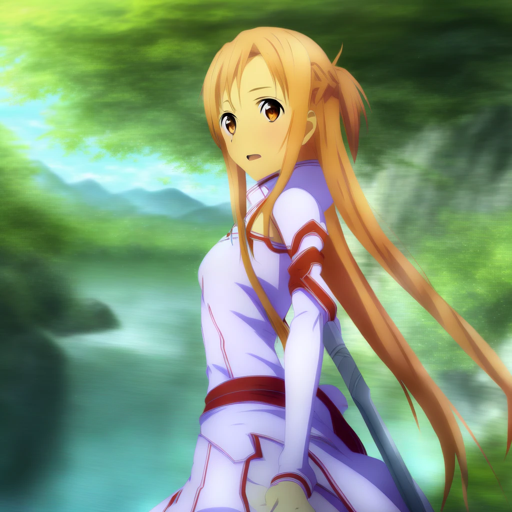 asuna, asuna_\(sao\), 1girl, fantasy, highres,  looking_away, looking_to_the_side,  original, realistic,   scenery,  solo, upper_body, smiling, action pose