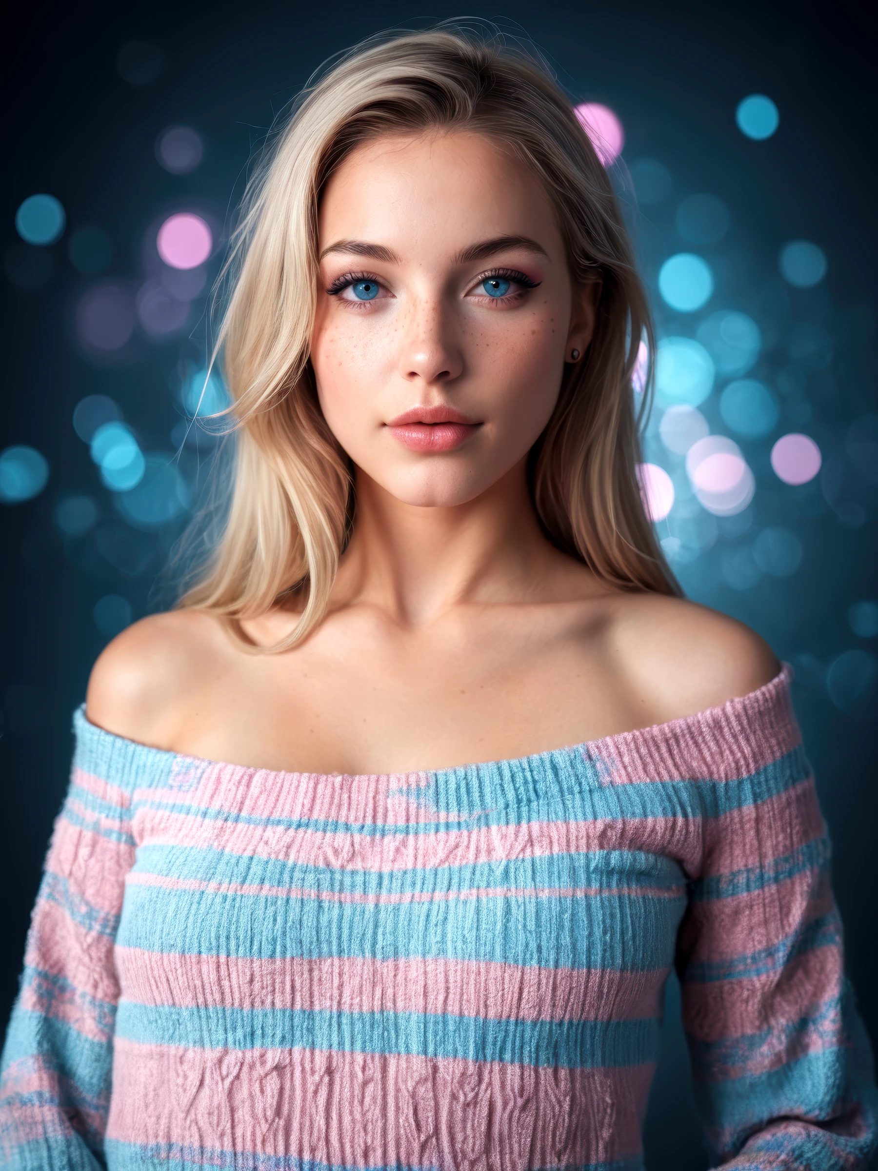 score_9, score_8_up, score_7_up, realistic lighting, photo, photorealistic, 1girl, mysterious girl with freckles, an exotic girl in off-shoulder sweater, fading backlit background, pastel colors, alluring goddess, amazing depth, double exposure, surreal, geometric patterns, intricately detailed, bokeh, perfect balanced, deep fine borders, artistic photorealism, smooth