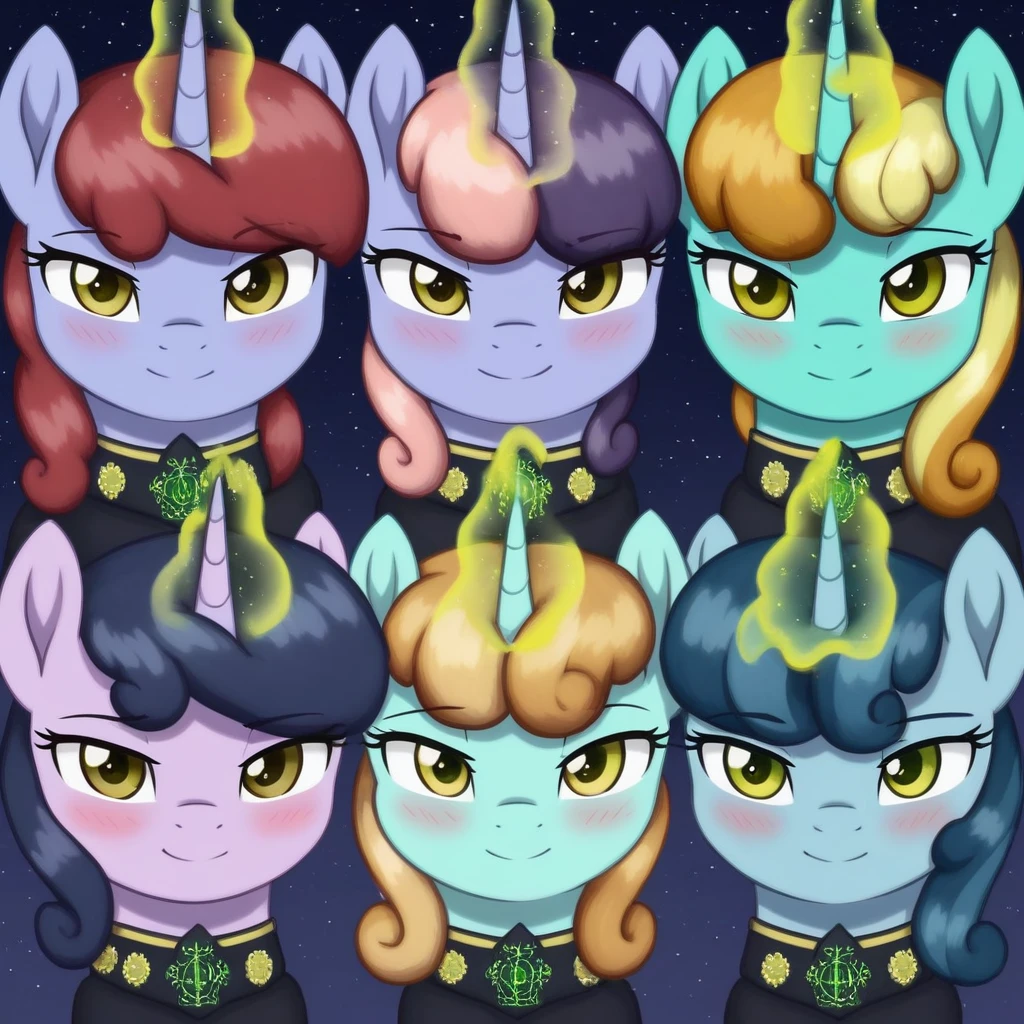 (((beautiful detailed yellow eyes))), group, high resolution, yellow glowing horn, pony, blue background, unicorn, 1character, expressiveh, perfect lighting, green chemical vapor, horn, smile, highly visible, (best quality:1.1), ultra-detailed, masterpiece, full body, Shinespark, squinty eyes, blush, shinespark, extremely detailed, dark purple mane, mare, light lavender skin, emblem of the Firtree Magocracy nation, score_9, anatomically correct, black cloak, eyelashes, feral necromantic army