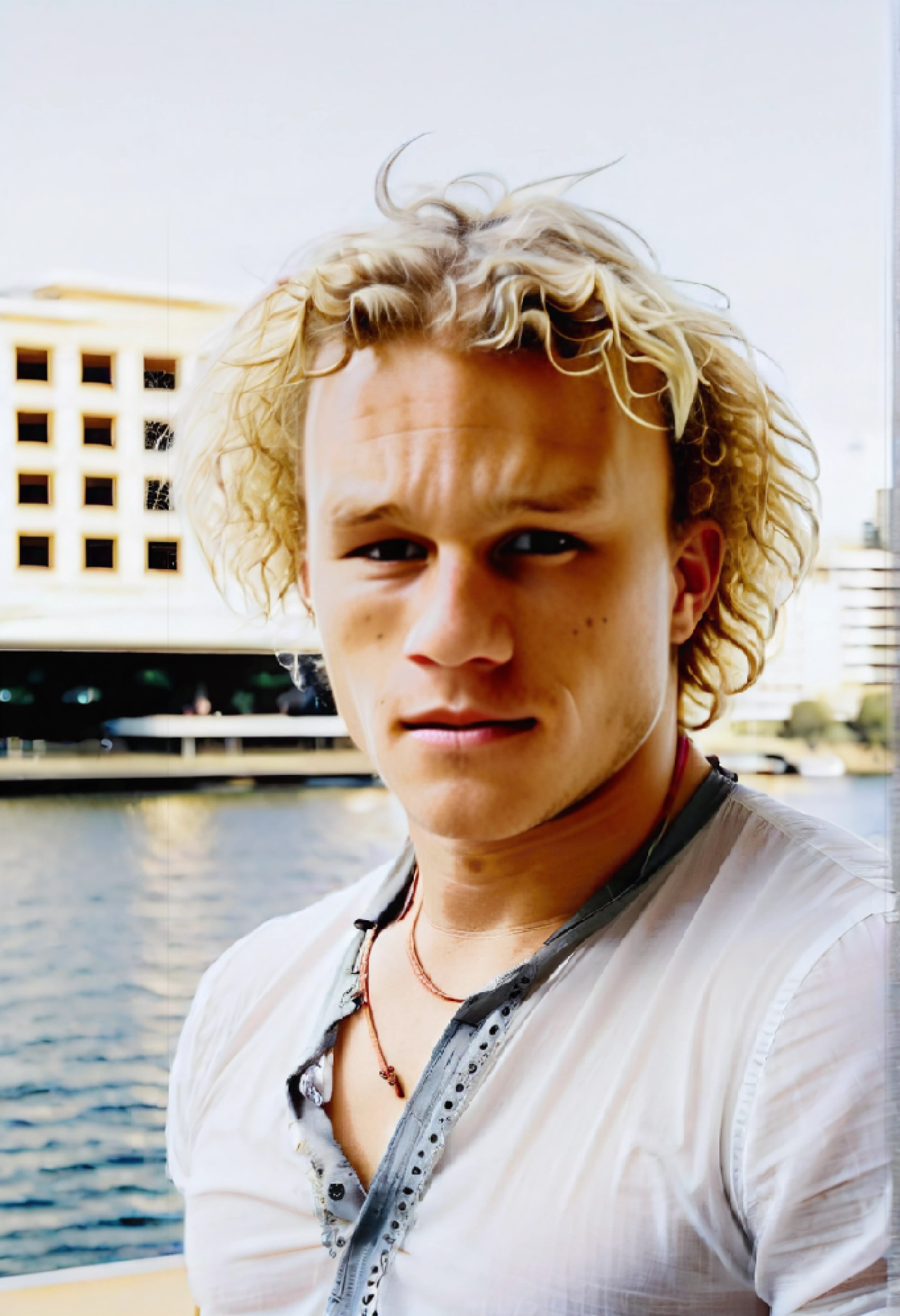 <ckpt:ZavyChroma.safetensors>, <ckpt:Fluently.safetensors>, <lora:HeathLedger.safetensors:1.2>, Photograph of Heath Ledger, h3athl3dg3r, curly blonde hair, brown eyes, brown eyebrows, (the city of Perth in Australia:1.2), Raw photo, Canon EOS R3