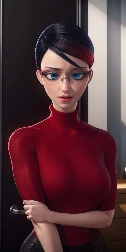 Hyperrealistic, photorealistic, super detailed, black hair with a streak on the left side that is dyed a red color, hair is pulled back into a bun with the hair on top, wrinkles under the eyes, glasses with black and red striped frames, pale blue eyeshadow, body like in real life, large pores, slender, pale skin, beautiful arms, medium breasts, unreal engine, octane render, droped shadow, bokeh, cinematic lighting, <lora:add_detail:0.5>, <lora:Volumetric_lighting:0.6>, Sancoeur, Nathalie, , <lora:23452684-03e9-4974-b01b-afc7ea555a43:0.7>