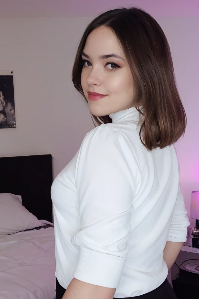 Portrait photo of al1c3m00nst0n3 woman, light white turtleneck blouse, in a bedroom, makeup, slight smile