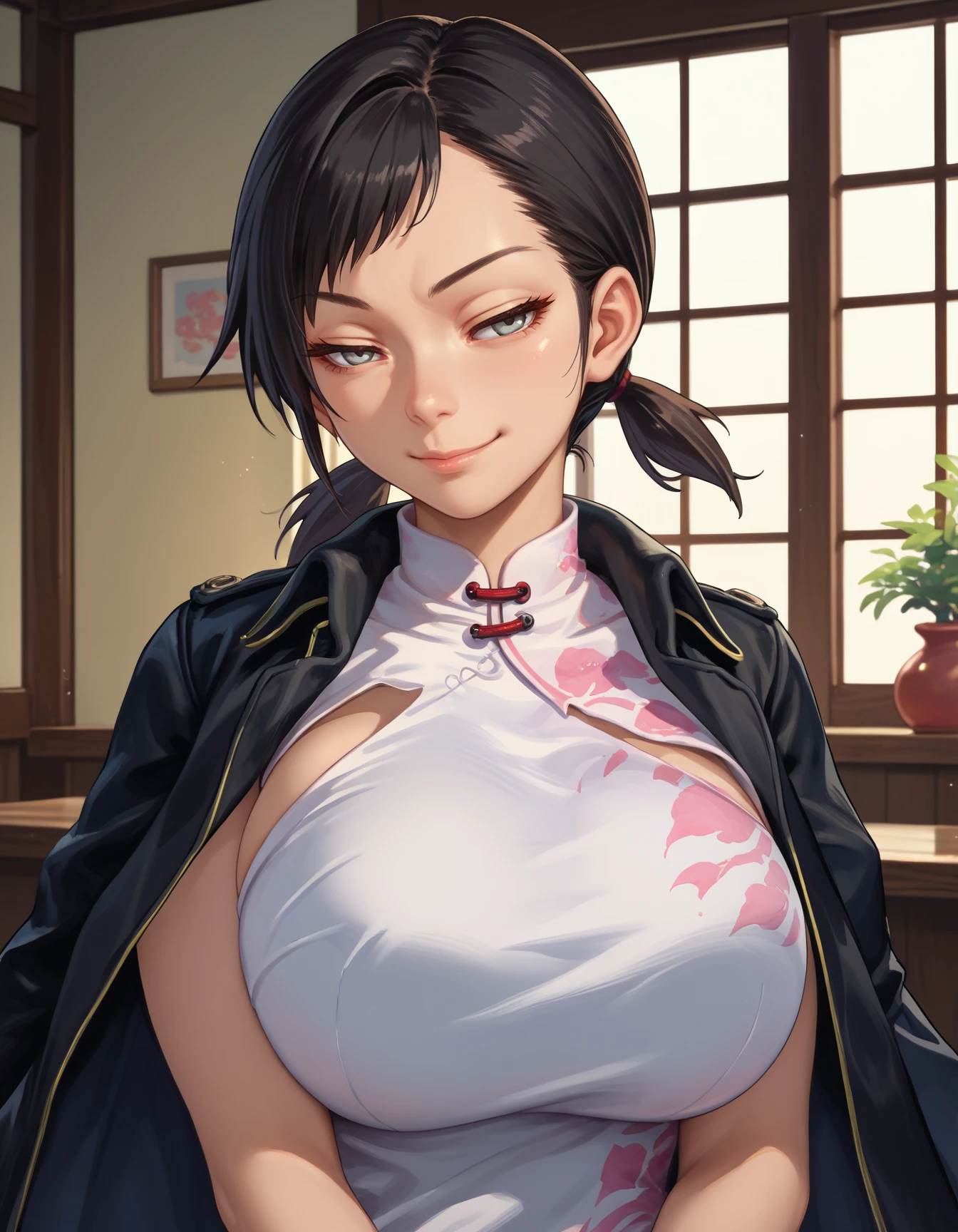 score_9, score_8_up, score_7_up,score_6_up  source_anime
FuCi, black hair,jacket on shoulders, low twintails,short twintails,white china dress, grey eyes,
1girl,huge breasts  ,smirk,indoors,upper body, 
<lora:kanno_fumi-koto-PonyXL:1>