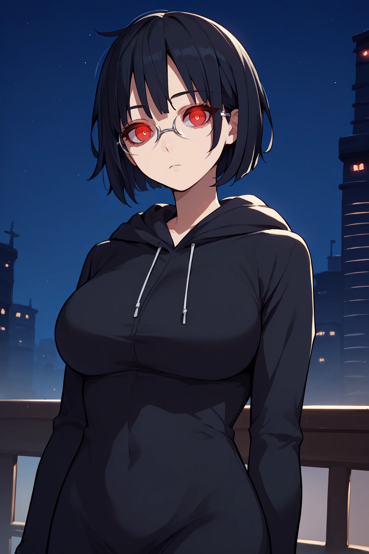 score_9, score_8_up, score_7_up, score_6_up, source_anime, 1girl, solo, <lora:sonoharaanri-pdxl-nvwls-v1-000006:1> anri, black hair, short hair, bob cut, glasses, black hoodie, black dress, big breasts, looking at you, night sky, red eyes, expressionless, glowing eyes, night, city