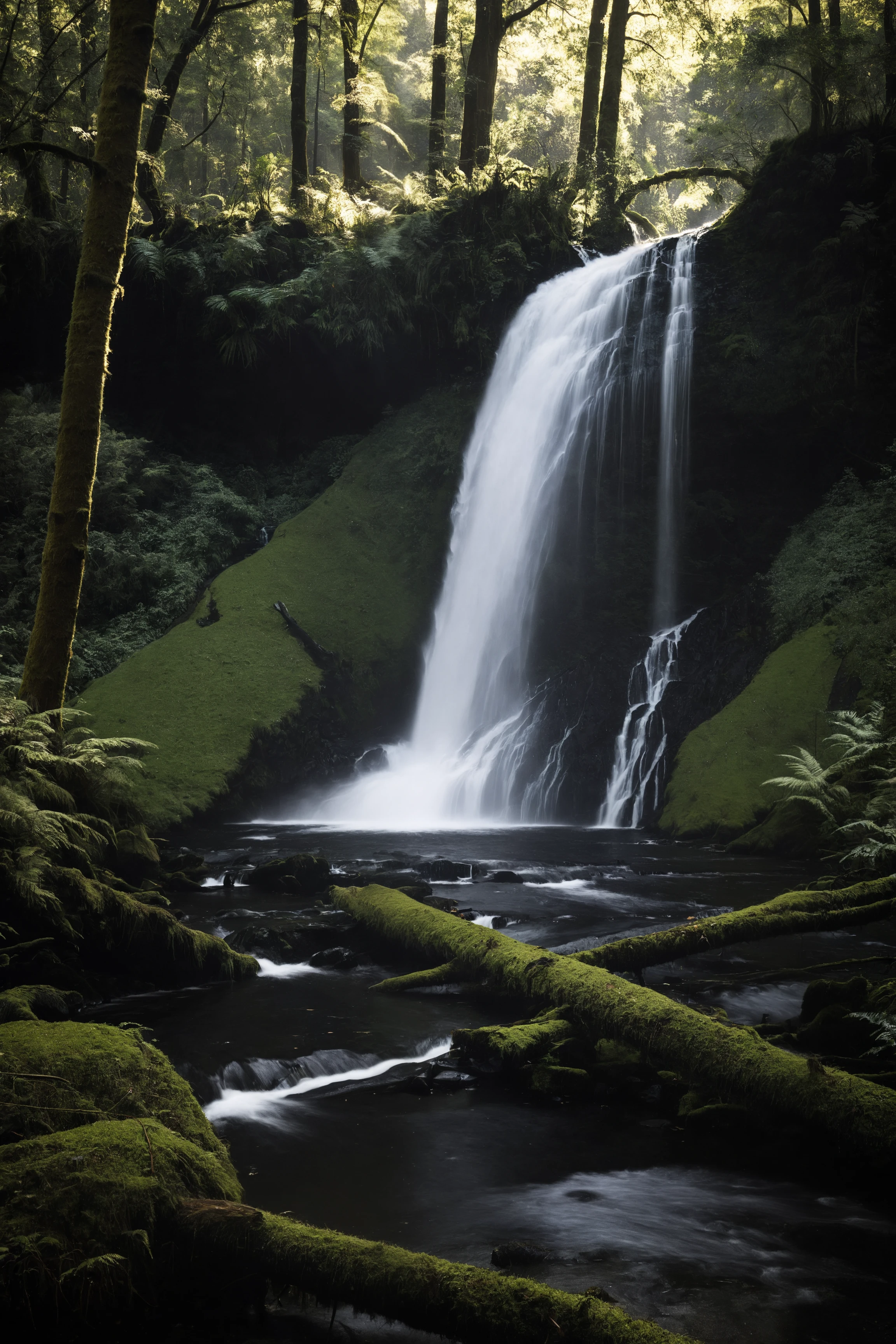 RAW photo, high contrast, dramatic light, forest scene featuring a waterfall