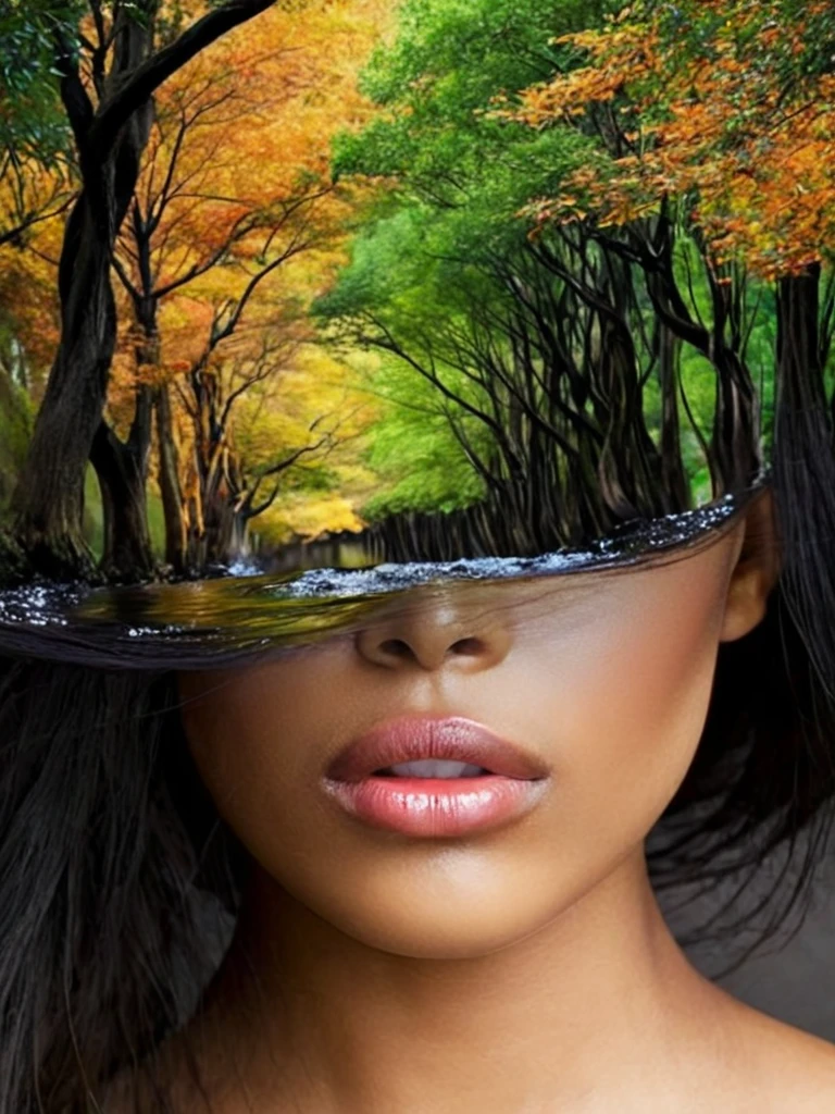 free flowing, high definition, color theory, stunning, sharp focus, close up of head,  portrait of a girl black ,  trees, amora-style <lora:antonio-mora-style:1>