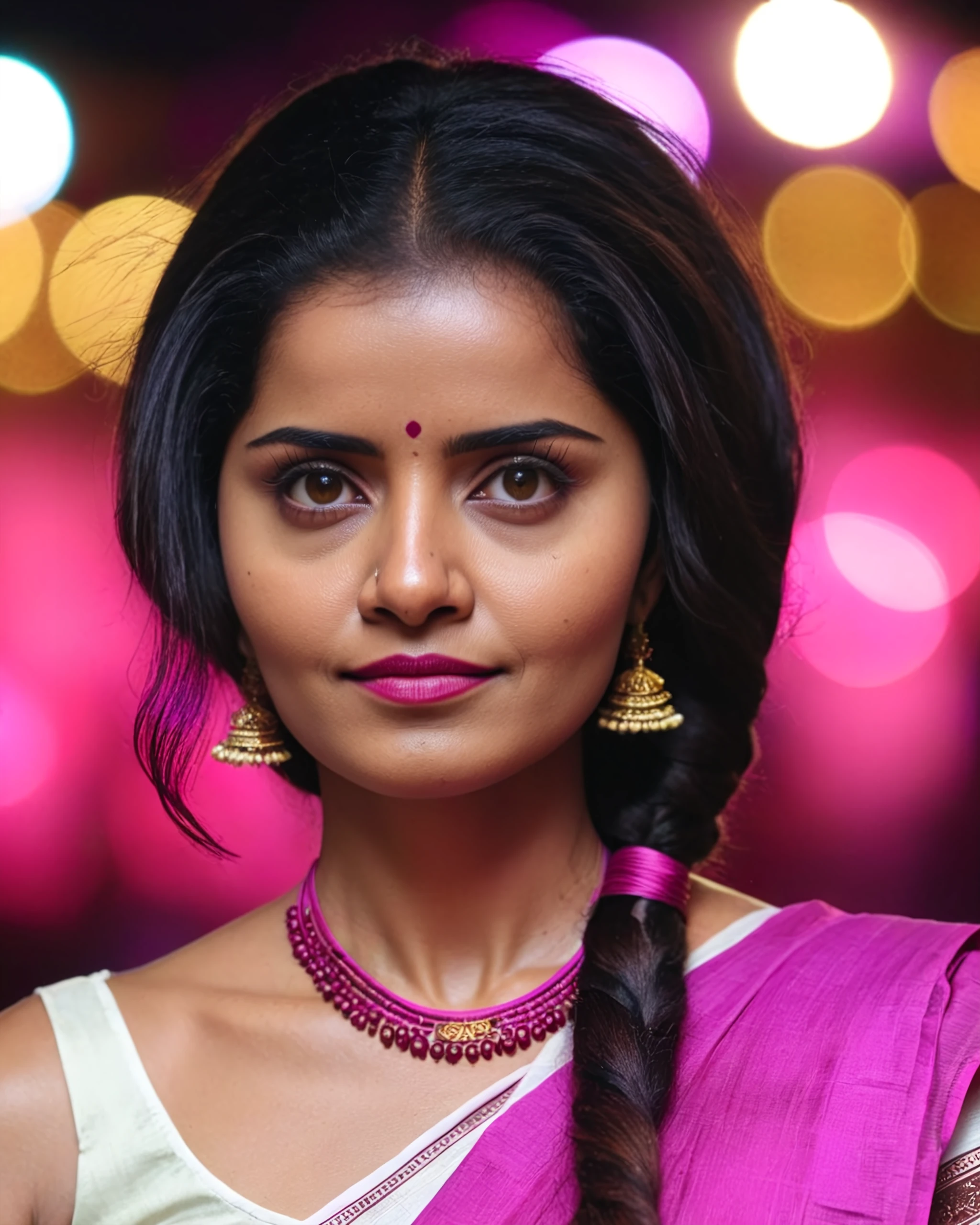 upper body photo of Anu Param woman, solo, tightly tied hair hair cut, , looking at the camera, ethnic Magenta , night time, contrasting background bokeh,  skindentation,  <lora:Anu_Param_SDXL_LoRA_prodigy_local_xformers_HNE:1>