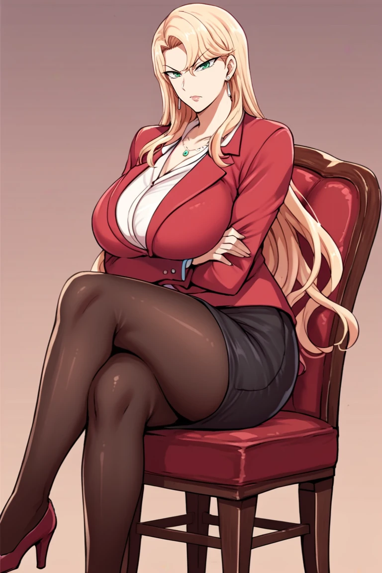 score_9, score_8_up, score_7_up, source_anime,reika kurashiki, mature female, 1girl, breasts, pantyhose, blonde hair, long hair, skirt, high heels, solo, , jacket, formal, , suit, green eyes, crossed arms, red footwear, huge breasts, , skirt suit, jewelry, pencil skirt, black pantyhose, earrings, bangs, looking at viewer, red jacket, sitting on chair, crossed legs<lora:EMS-439921-EMS:1.000000>