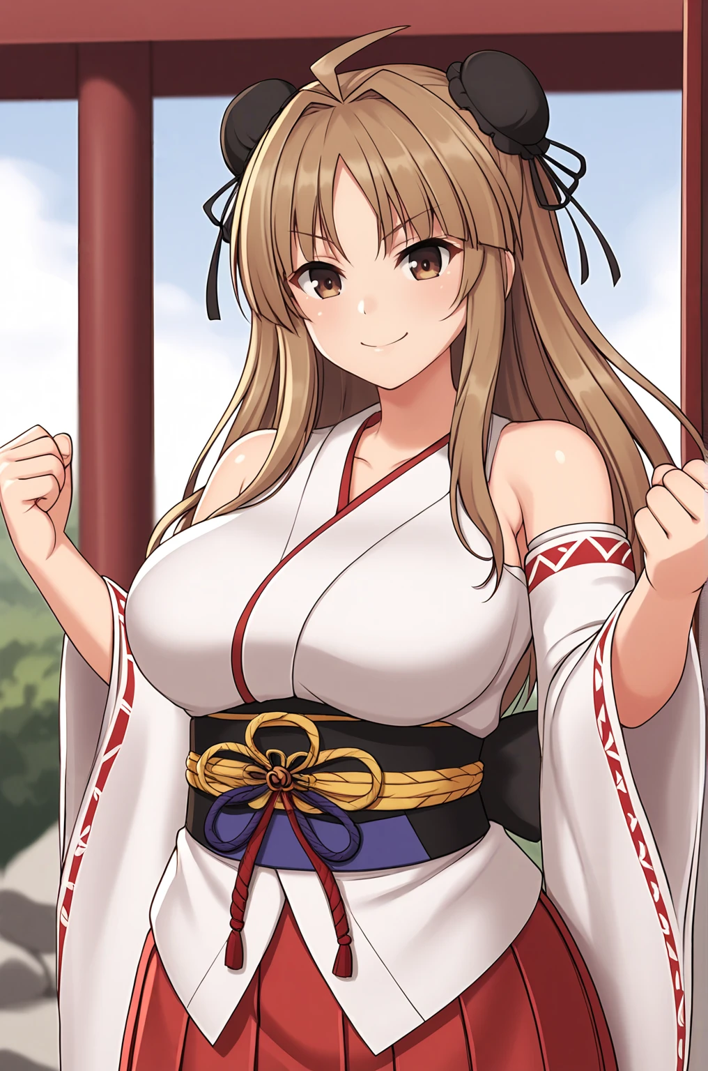 anime artwork, score_9, score_8_up, score_7_up, source_anime, BREAK, thick outline, fat outline,
Renka_XL, brown eyes, long brown hair, ahoge, double bun, bun cover, hair ribbon, large breasts, BREAK, Renka_Shrine, shrine clothes, japanese clothes, miko clothes, white kimono up, bare shoulders, long sleeves, wide sleeves, obi, sash, hakama skirt, (red skirt:1.2), BREAK, outdoors, fighting pose, upper body, fists, 
<lora:Renka_XL:0.7>
<lora:PersonalAmi_PonyXL:1>