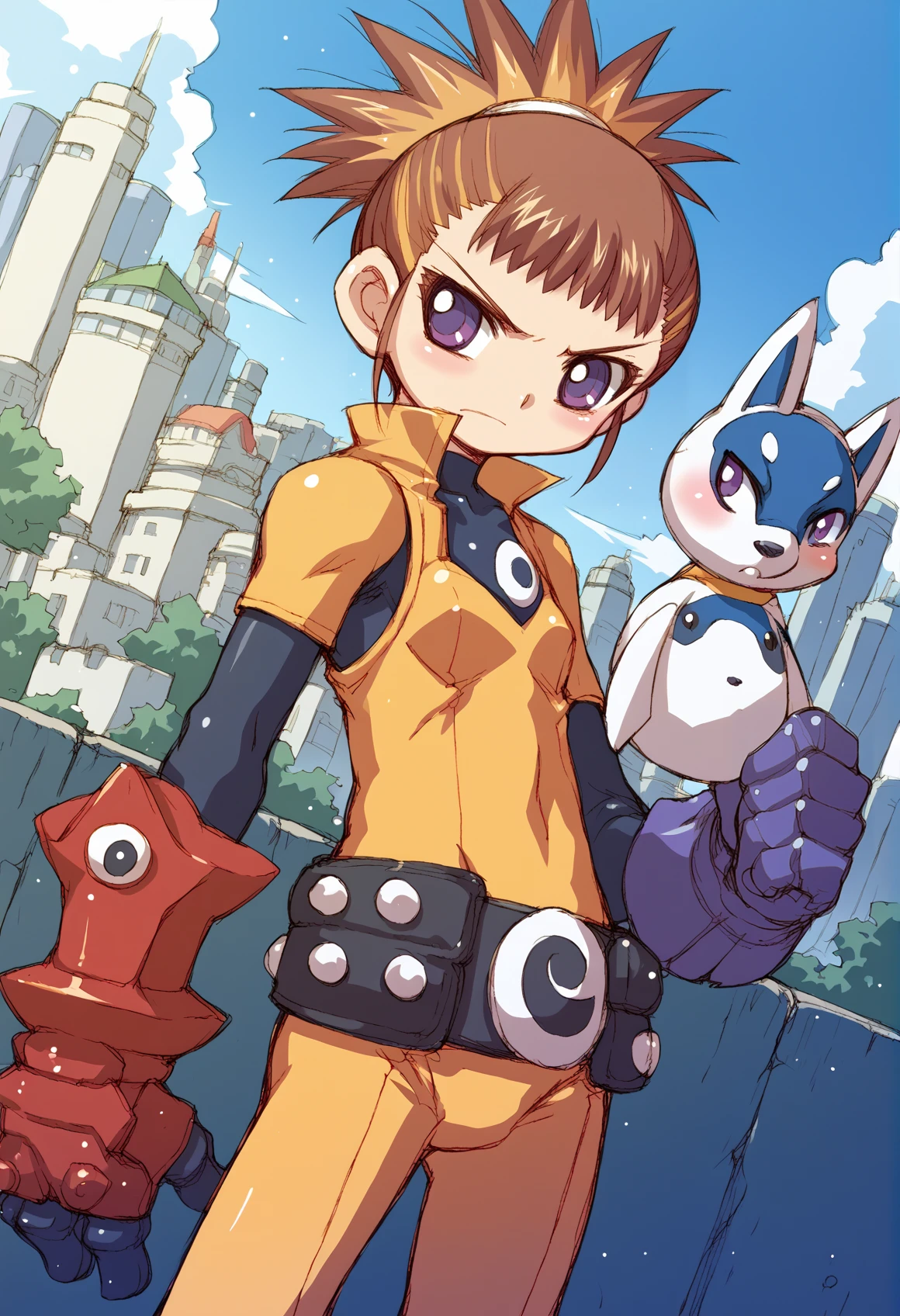 girl, solo, rika, Two-Tone Hair, multicolored hair, short hair, blonde hair, brown hair, purple eyes, ponytail, sakuyamon, facial mark, holding mask, armor, belt, bodysuit, gauntlets, golden armor, high heels, yin yang, blushing, looking to the side, flat chest, outdoors, cityscape, looking at viewer, dutch angle, cowboy shot, flat chest  <lora:RukiJuri:1> <lora:nakayama_tooru_XL:1>, score_9, score_8_up, score_7_up, score_6_up, score_5_up, score_4_up, BREAK source_anime, masterpiece