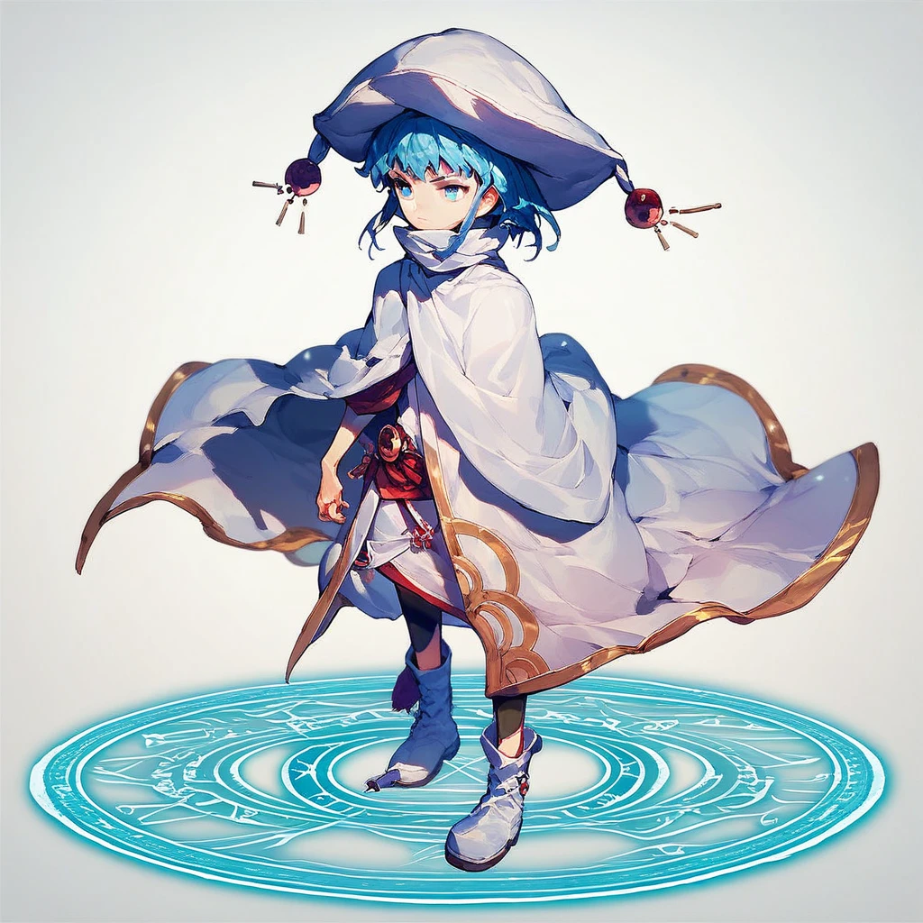 score_9, score_8_up, score_7_up, score_6_up, Hecate, 1girl, solo, short hair, blue eyes, hat, white background, blue hair, boots, cape, cloak, magic circle, sensitive