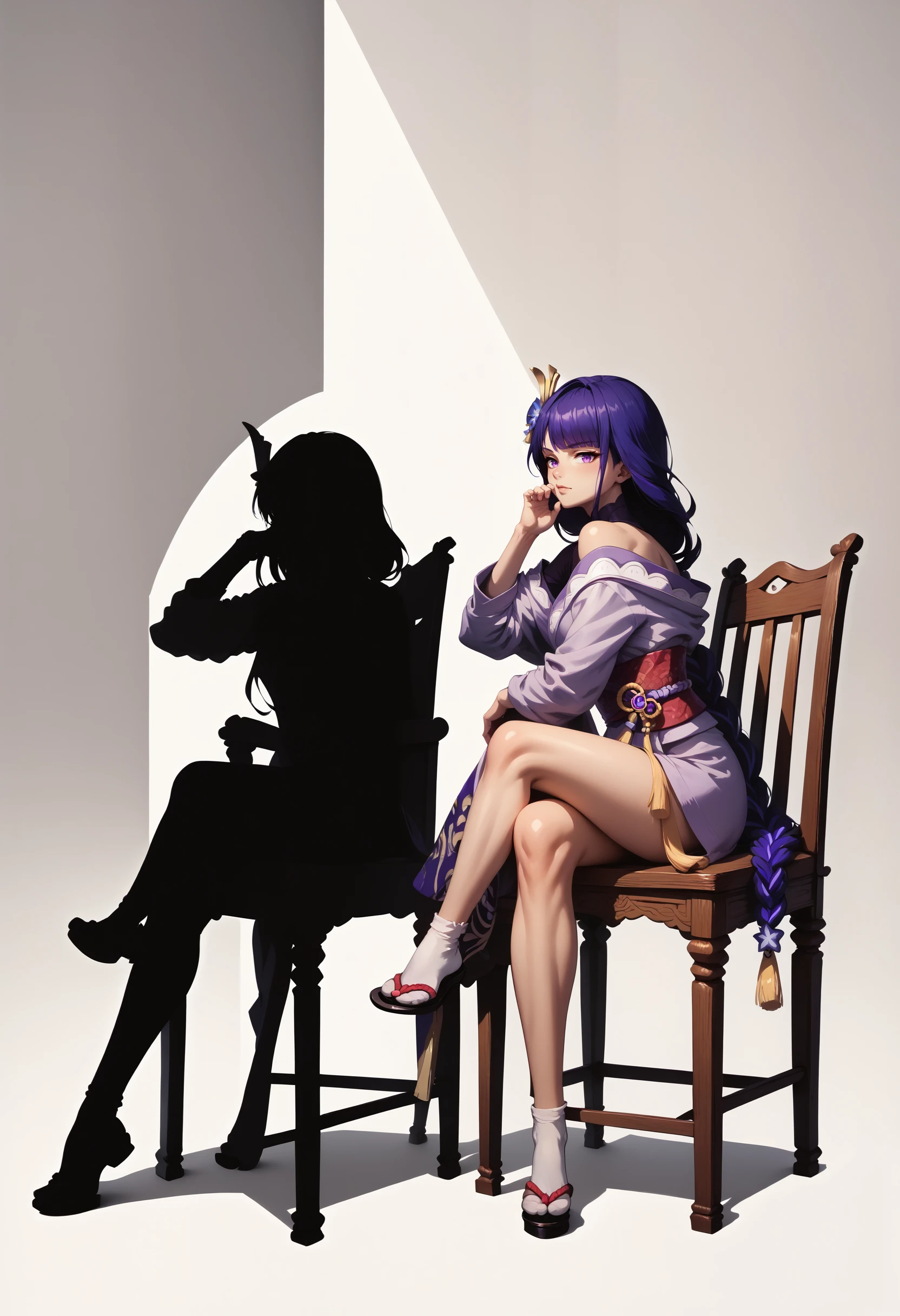 score_9, score_8_up, score_7_up, silhouette, simple background, <lora:Silhouette_SakuraTaisen_pdxl_Incrs_v1:1>, [2girls:1girl, solo:4], raiden shogun, sitting, chair, crossed legs,