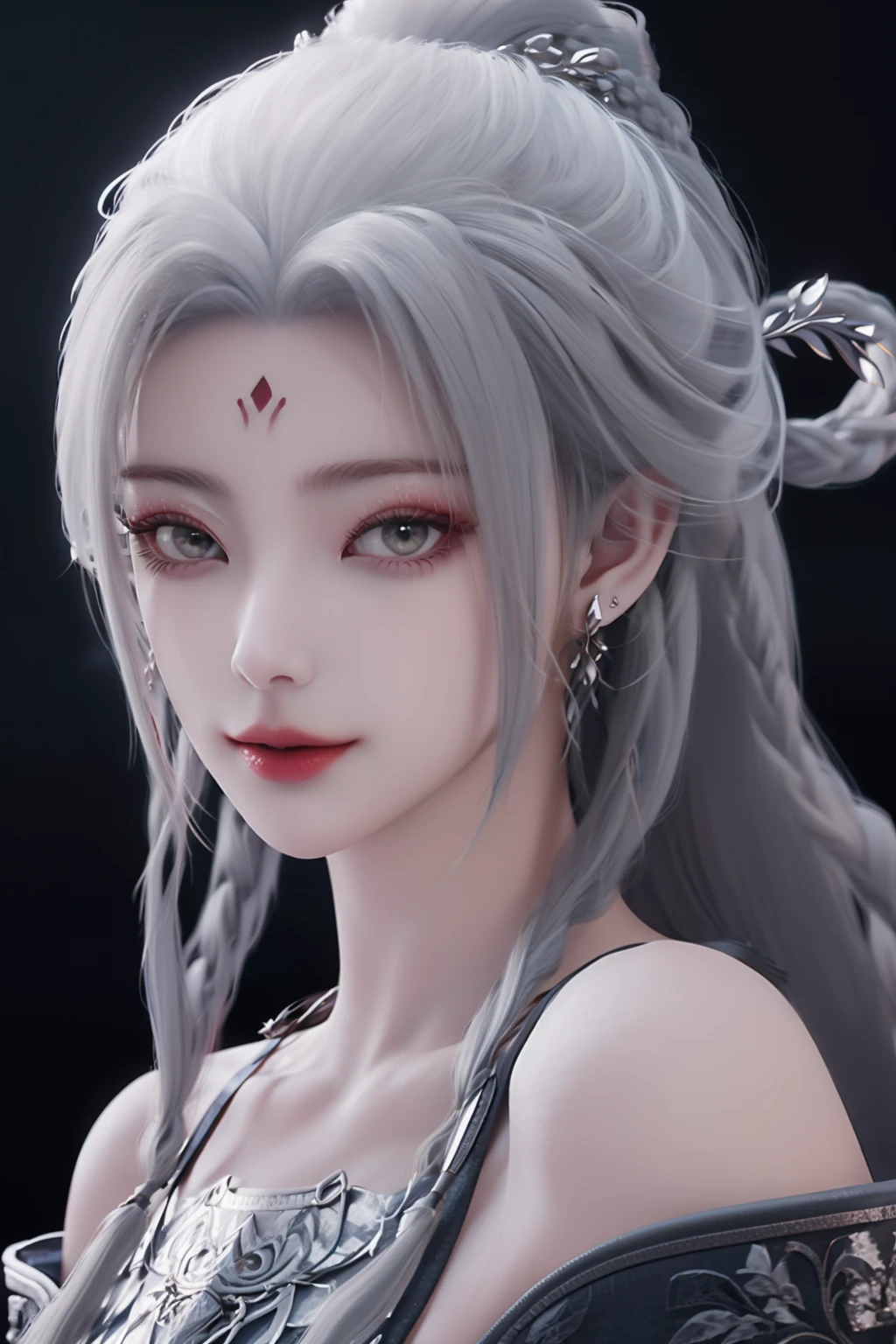 <lora:XiaobaiV2-SD15:0.9>,
solo,masterpiece,highest quality,exquisite details,amazing art,realistic details,pretty face,real skin,8K,RAW,movie lighting,soft light,shallow depth of field,bokeh,dreamy,
xiaobai,1girl,jewelry,solo,earrings,hair ornament,white hair,long hair,red lips,simple background,looking at viewer,bare shoulders,braid,portrait,grey eyes,makeup,forehead mark,(black background:1.3),