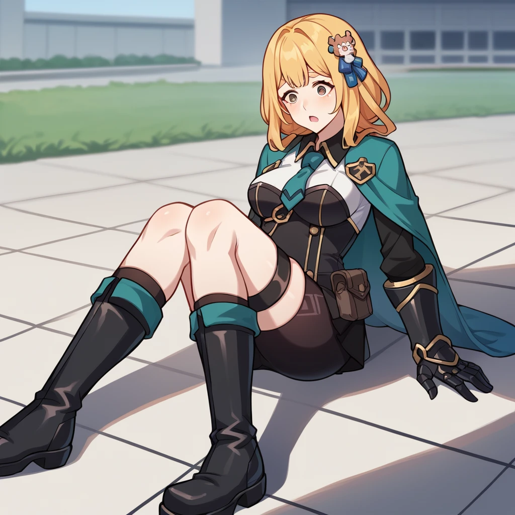 score_9_up, score_8_up, score_7_up, source_anime, masterpiece, best quality, 1girl, solo, Susannah, Sus_Uni, military equipment, shadow, sitting on floor, wariza, black footwear, knee boots, brown eyes, shocked, blonde hair, long hair, hair intakes, low ponytail, black jacket, white shirt, black corset, bike shorts, black shorts, long sleeves, black gloves, teal necktie, pouch, teal cape, side cape, blue ribbon, rabbit hair ornament, mini skirt, thigh strap, black gauntlets,  mature body, dynamic cowboy shot, outdoors, military grounds background