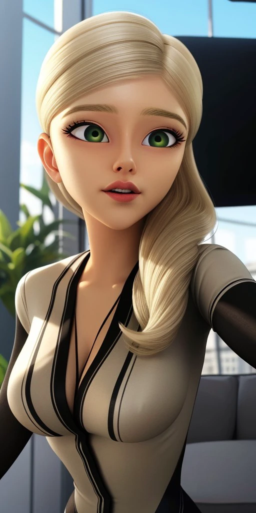 Hyperrealistic, photorealistic, super detailed, blond hair which kept in a side ponytail, upturned green eyes, thin eyebrows, pointy chin, body like in real life, large pores, fair-skinned, beautiful arms, unreal engine, octane render, droped shadow, bokeh, cinematic lighting, Amelie Graham de Vanily, Emilie Agreste, , <lora:ff2c9a34-5dff-4a13-8ade-c0c35d6a79ce:0.7>