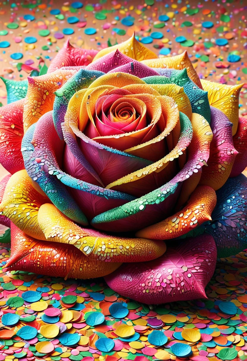 Close up of vibrant conf3tti rose with stunning, vivid colors, vibrant colors, eye-catching, masterpiece, hyperdetailed, made of confetti, <lora:aidma-Image UpgraderXL-v0.1:1>, detailemaximizer, <lora:Confetti_World_Morph:1>