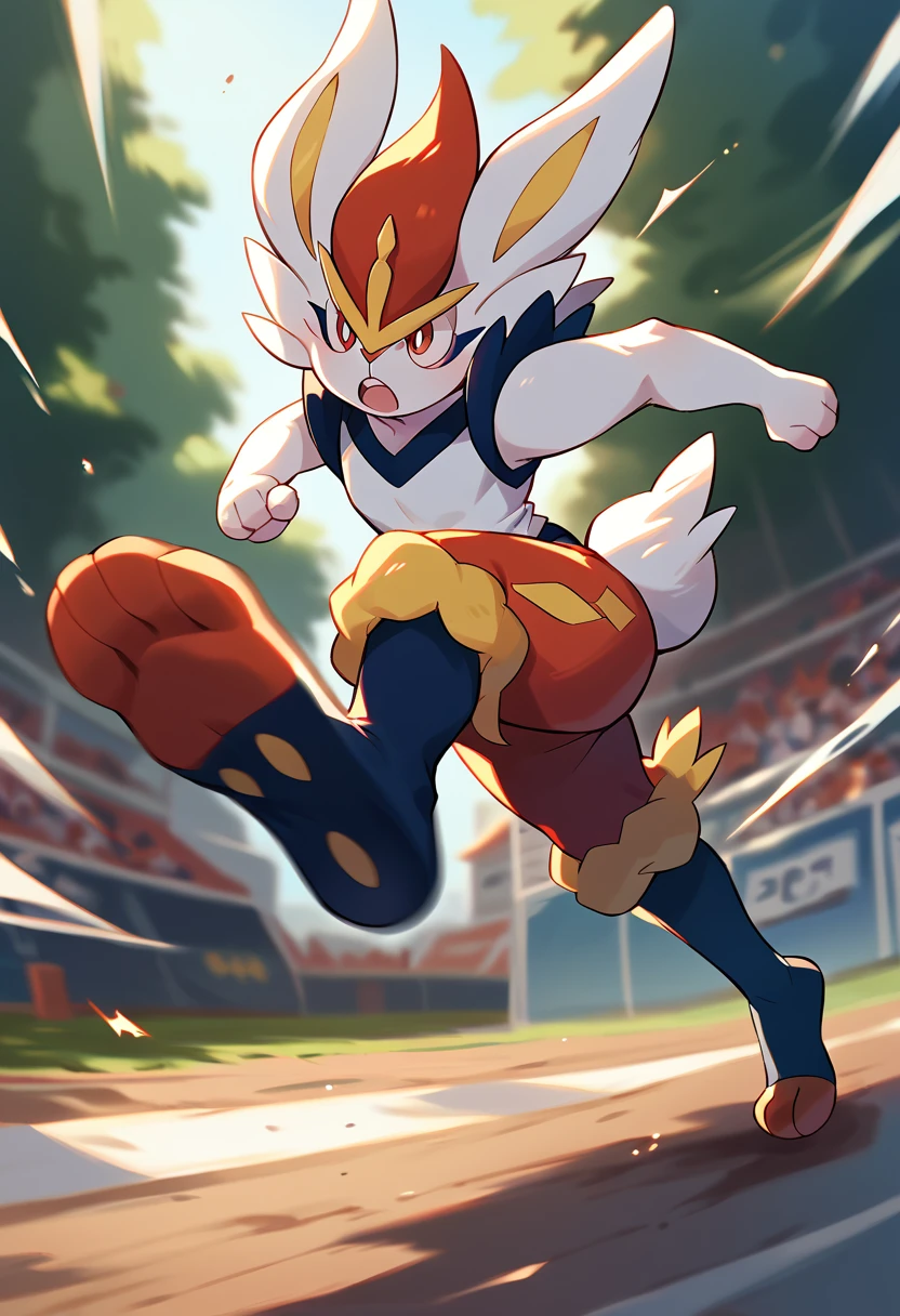 score_9, score_8_up, score_7_up, score_6_up, source_furry, solo, dof, full-length portrait, blurred background, <lora:POKEMON_CINDERACE:1> cinderace, pokemon (creature), action pose, kicking, running, cinematic, motion blur,