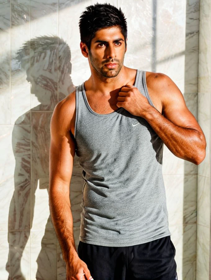 Jimmy Garoppolo a man <lora:Namit-Khanna_Jimmy-Garoppolo:0.7>, Is wearing a gray tank top with sweat and black shorts. standing with his hands over his face as if he is in pain or discomfort. The background is lush bright bathroom in white which contrasts with the man's dark clothing and adds to the starkness of the image. body is muscular, rugged appearance, high-res, best quality, s3t on armpit chest and belly, medium full body shot, 8k uhd, dslr, soft light, high quality, Fujifilm XT3
<lora:sweaty_shirt_v5-28-B1-Rescale:1>