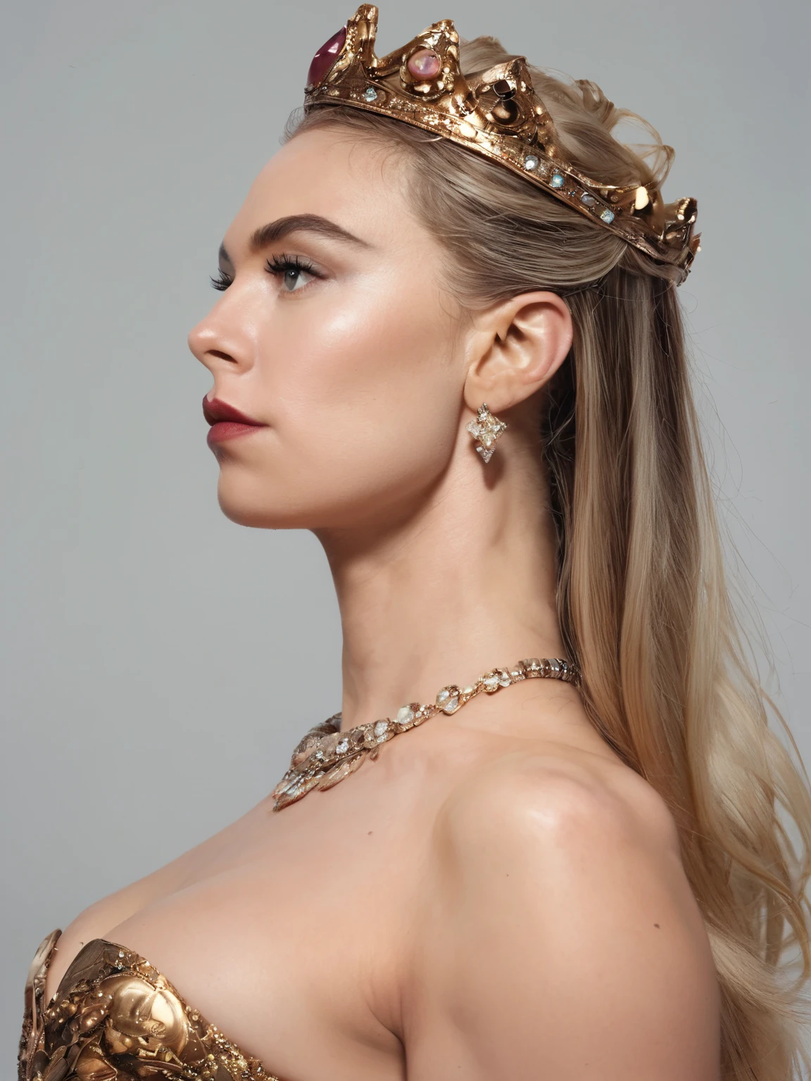 score_9, score_8_up, score_7_up, score_6_up,
vanessaKirby,  <lora:vanessaKirbyPonyRealism:1>, , crown, earrings, grey background, jewelry, lips, long hair, necklace, profile, solo, upper body