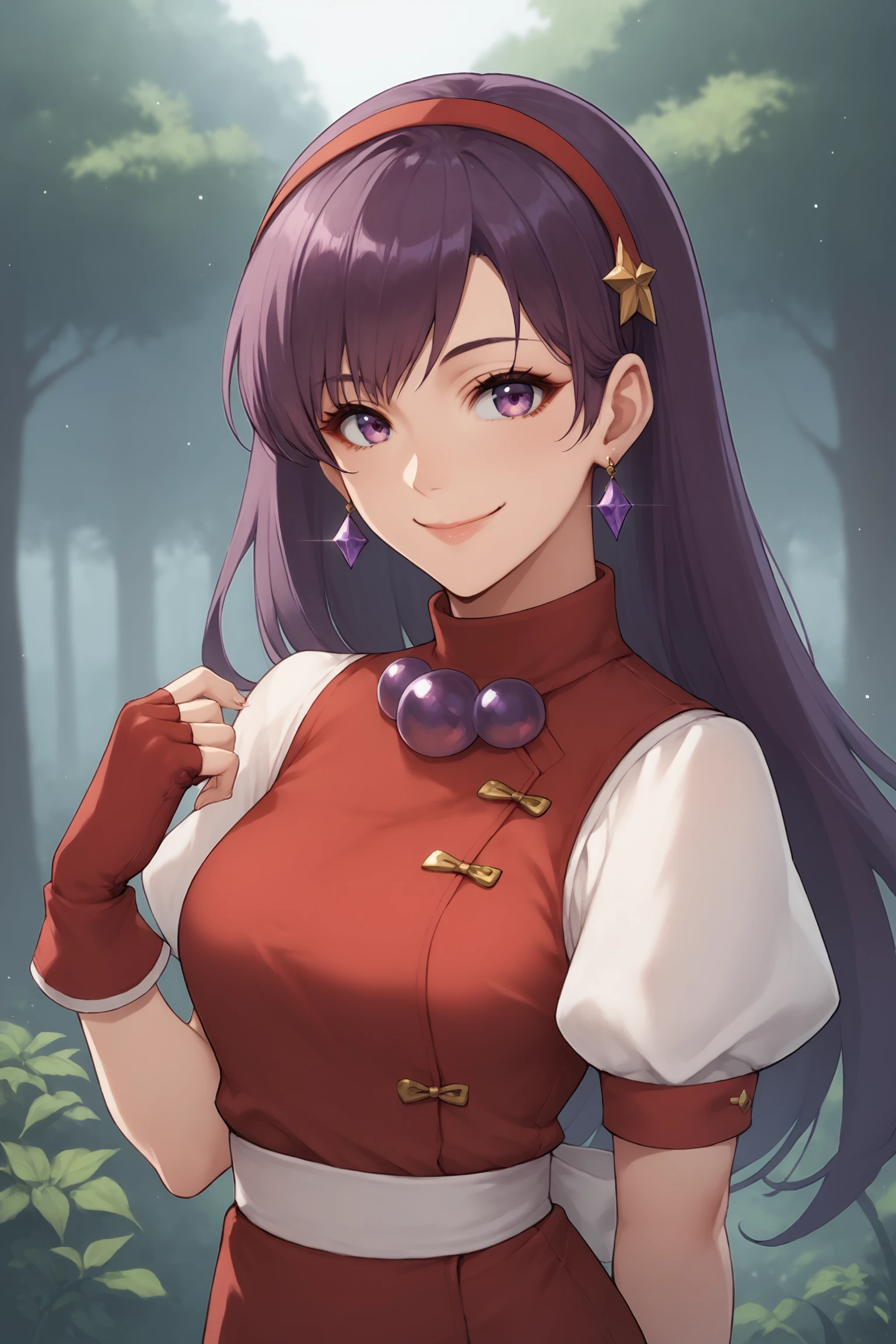 score_9, score_8_up, score_7_up, score_6_up, score_5_up, source_anime, rating_safe, smile, medium breasts, outdoors, forest, 1girl, solo, looking at viewer, <lora:age_slider_v4:3>, asamiya athena, purple eyes, purple hair, long hair, red hairband, purple waterdrop earrings, red vest, red skirt, bike shorts, gloves, red gloves, fingerless gloves, white socks, red shoes, <lora:Asamiya_Athena_KOF'98:0.8>, (upper body:1.3)