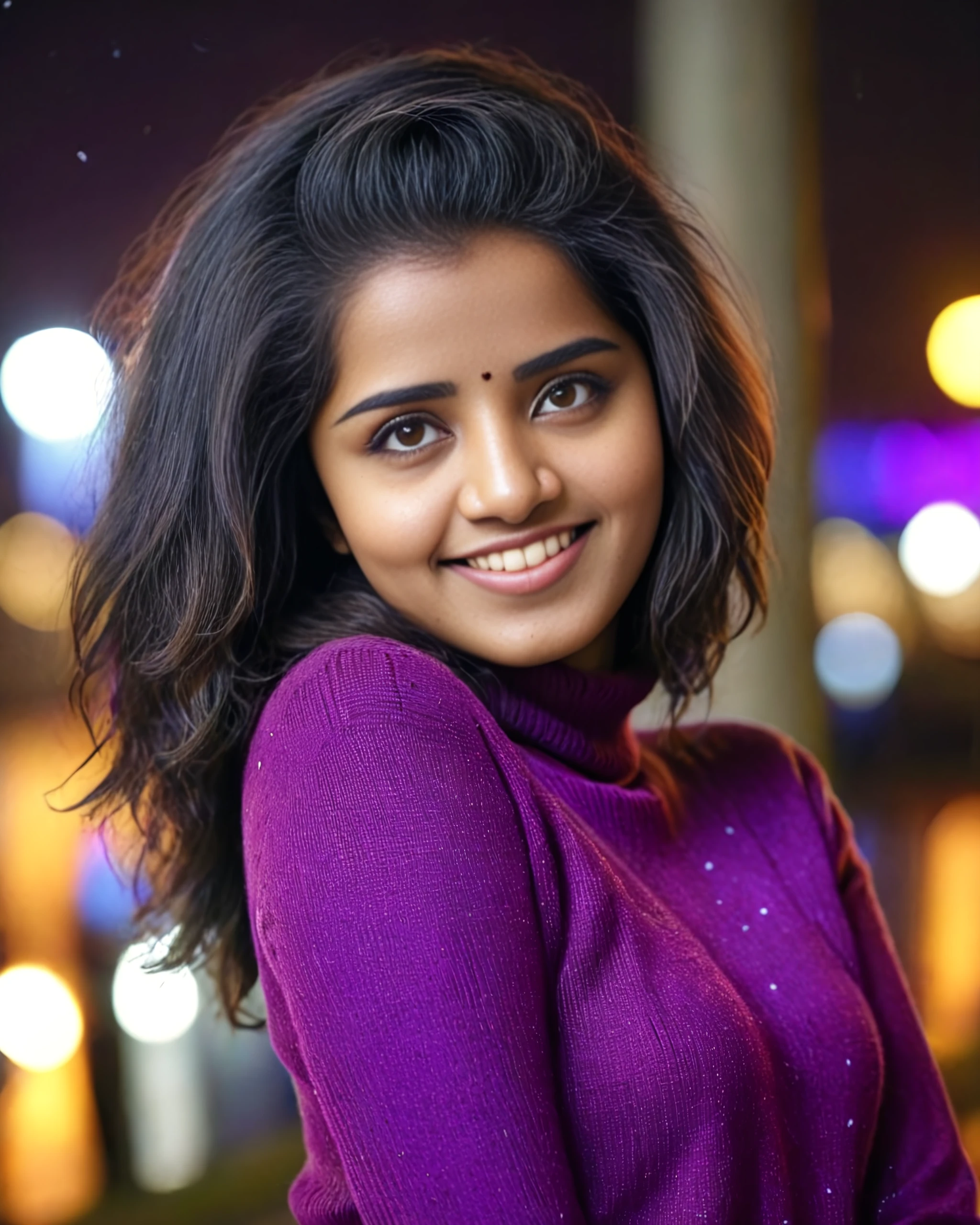 portrait photo of Anu Param woman, solo, messy hair cut, smile, looking at the camera, ethnic Purple turtleneck sweater, night time, contrasting background bokeh,  skindentation,  <lora:Anu_Param_SDXL_LoRA_prodigy_local_xformers_HNE:1>