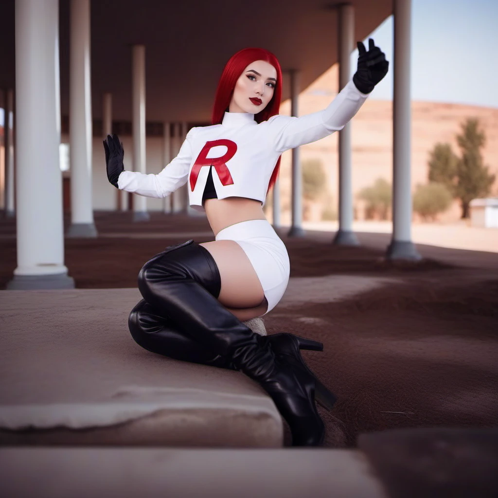 cinematic photo  1girl, team rocket, hair slicked back, red hair, navel, red lipstick, white croptop, white skirt,  thighhighs, high black boots, black gloves, sitting, ruins background  <lora:Jessie-1024:0.8> . 35mm photograph, film, bokeh, professional, 4k, highly detailed