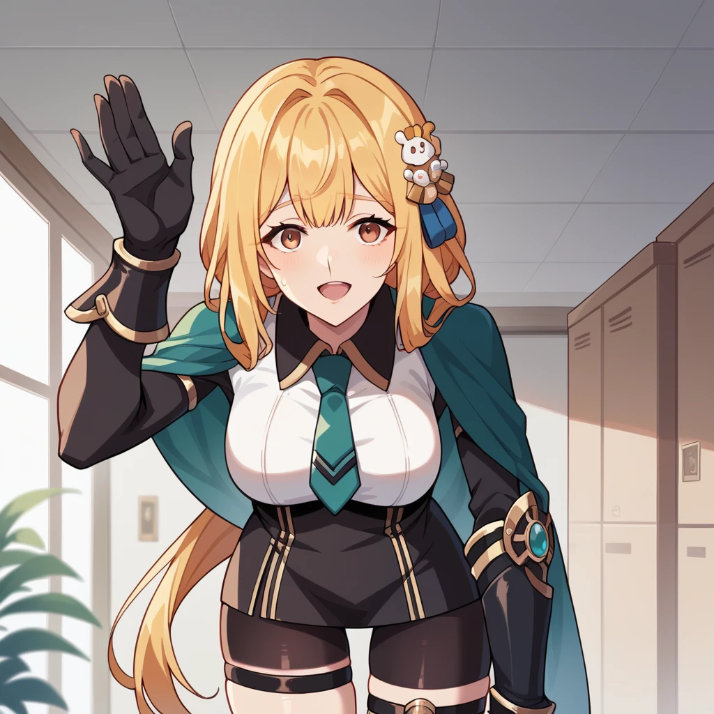 score_9_up, score_8_up, score_7_up, source_anime, masterpiece, best quality, 1girl, solo, Susannah, Sus_Uni, ceiling light, shadow, standing, leaning forward, excited curious, half opened mouth, looking at you, face focus, raised hands, blonde hair, brown eyes, long hair, hair intakes, low ponytail, black jacket, white shirt, black corset, bike shorts, black shorts, long sleeves, black gloves, teal necktie, teal cape, side cape, blue ribbon, rabbit hair ornament, mini skirt, thigh strap, black gauntlets,  mature body, dynamic cowboy shot, indoors, lockeroom background