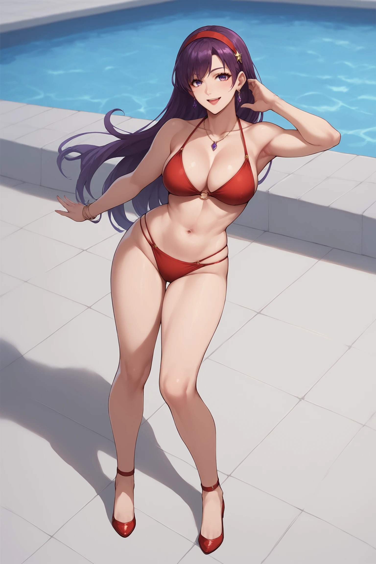 asamiya athena, purple eyes, purple hair, long hair, red hairband, (red bikini:1.5), collarbone, bare shoulder, cleavage, nude, <lora:Asamiya_Athena_KOF'98:0.8>, score_9, score_8_up, score_7_up, score_6_up, score_5_up, source_anime, rating_safe, smile, medium breasts, outdoors, swimming pool, 1girl, solo, looking at viewer, <lora:age_slider_v4:3>,  (full body:1.1), dynamic pose,