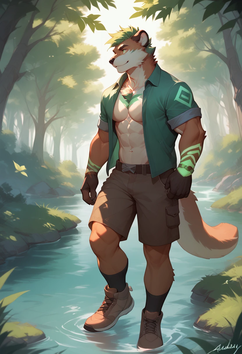 <lora:Verdion:1>, verdion, male focus, 1boy, solo, furry, animal ears, muscular, muscular male, bara, pectorals, green hair, walking on the river, pile of woods, score_9, score_8_up, score_7_up, score_6_up,