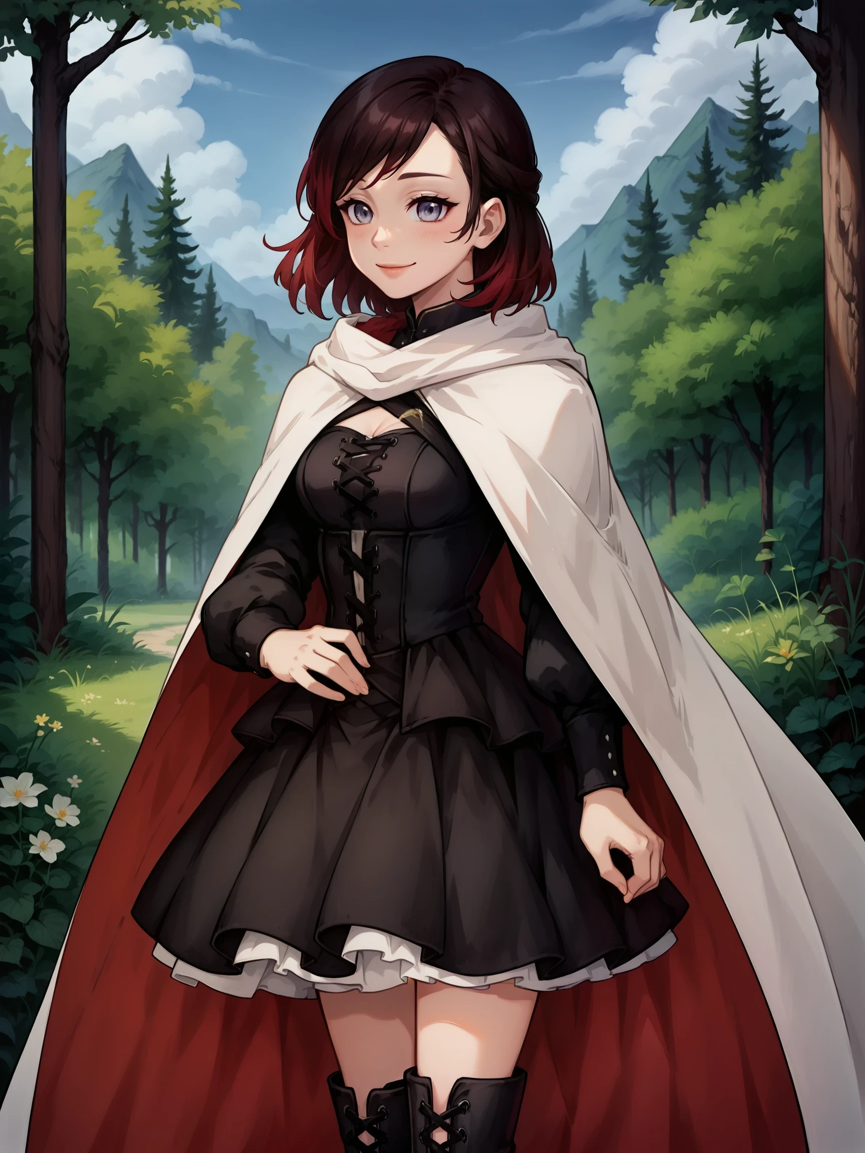 ((standing one hand on waist)), smile, SummerRose, 1girl, solo, two tone hair, black hair, red hair, silver eyes, OriginalOutfit, cape, white cape, long sleeves, black corset, short black dress, skirt, boots,

 score_9, score_8_up, score_7_up, masterpiece, outdoors, detailed background