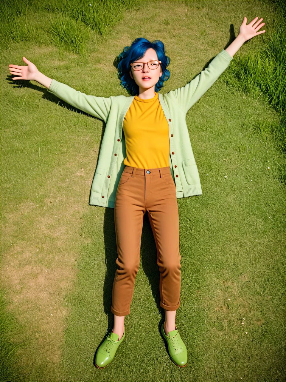 PonyXLV6_Scores, grassy field, tall grass, realistic lighting, from above, dynamic angle, 1girl, solo, lying on back, outstretched arms, outstretched legs, <lora:mrsFunnieTV_PDXL:0.9> mrsFunnieTV, pink skin, blue hair, half-rim glasses, yellow shirt, green cardigan, brown pants, green footwear,