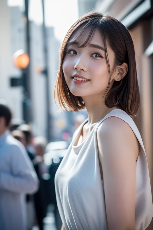 1girl, (masterpiece, RAW photo, best quality:1.4), (realistic, photo-realistic:1.4), extremely detailed, 8k wallpaper, ultra-detailed, highres, soft light, beautiful girl, young Japanese idol, brown eyes, (upper body:1.4), (smile:1.4), (short hair:1.2), (sleeveless, V neck , feminine look outfit:1.4), (walking in a bustling city street:1.4), relaxed aura, gravure photo, detailed eyes and face, perfect anatomy, shiny skin, detailed skin, (blurry background:1.2), professional lighting, shallow depth of field, vibrant colors, glossy finish, pastel colors, high fashion, editorial style, cinematic lighting, artistic composition,    <lora:miyamotoyume_lora-v2_03:0.9>