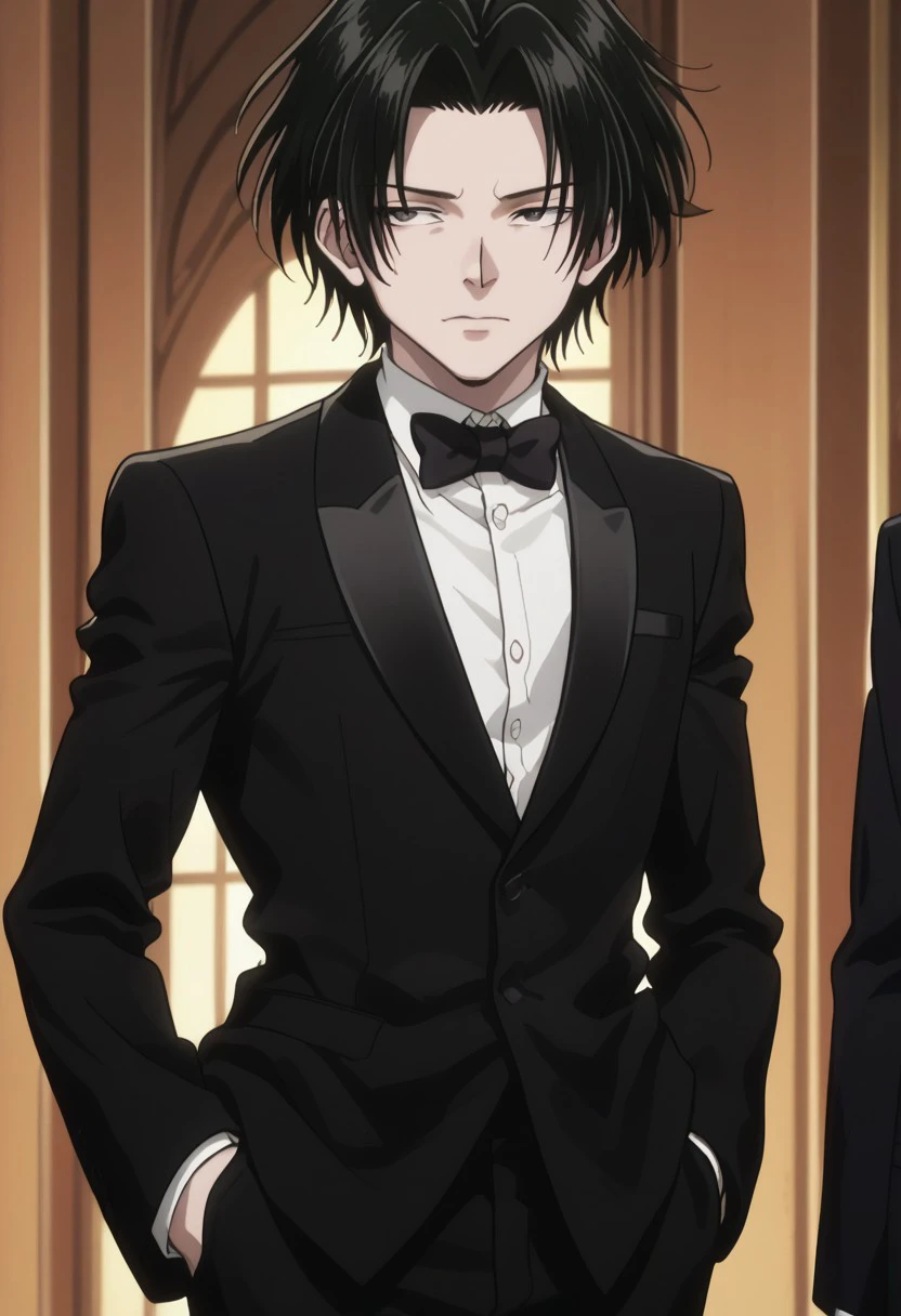 score_9, score_8_up, score_7_up, source_anime, rating_safe, Porunter, 1boy, male focus, anime screencap, black bowtie, black suit, white collared shirt, black pants, hands in pockets, cut off legs,