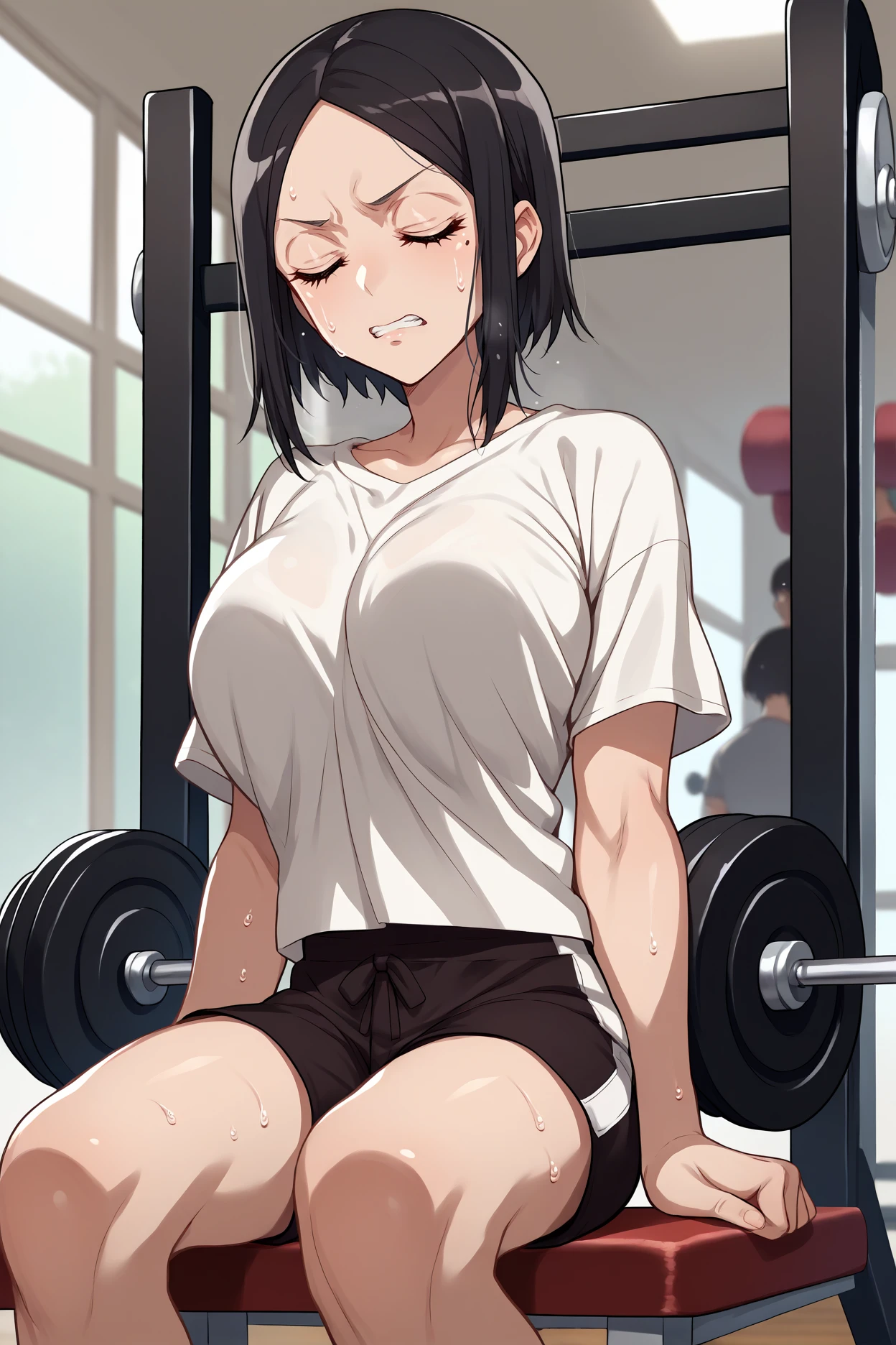 NSFW、Ultra-high resolution、high resolution、Highest quality、Beautiful woman１people、beautiful girl、Short black hair、Thick hair、((Goldman Gym))、((training))、((Grey T-shirt))、((Bench Press))、(((Sweat)))、(((Soaking wet)))、(((Sweat染み)))、(((Body odor)))、(((Love juice)))、No underwear、((pussy))、White sneakers、White socks