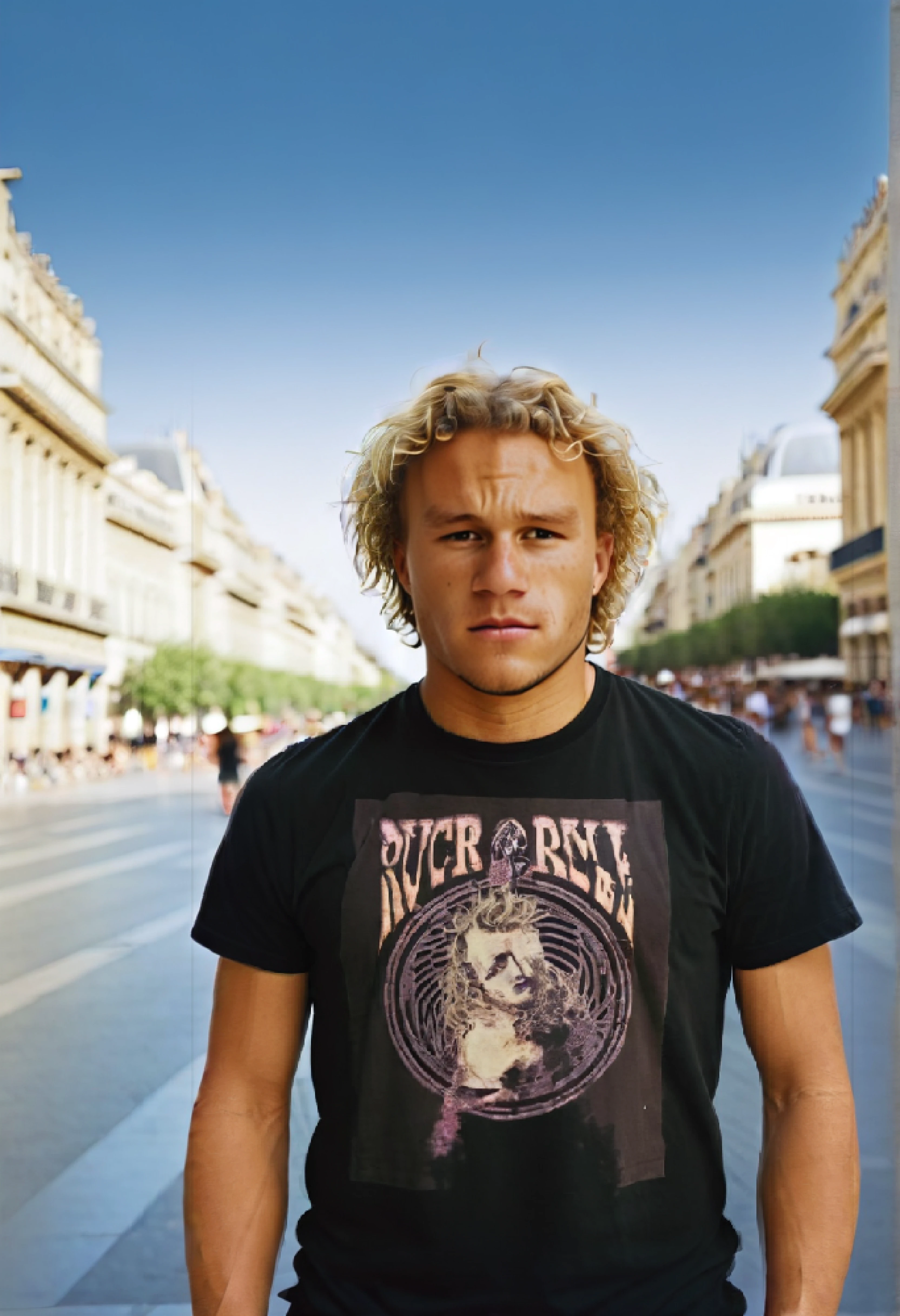 <ckpt:ZavyChroma.safetensors>, <ckpt:Fluently.safetensors>, <lora:HeathLedger.safetensors:1.2>, Photograph of Heath Ledger, h3athl3dg3r, curly blonde hair, brown eyes, brown eyebrows, graphic t-shirt, Montpellier, Place de la Comédie, Raw photo, Canon EOS R3