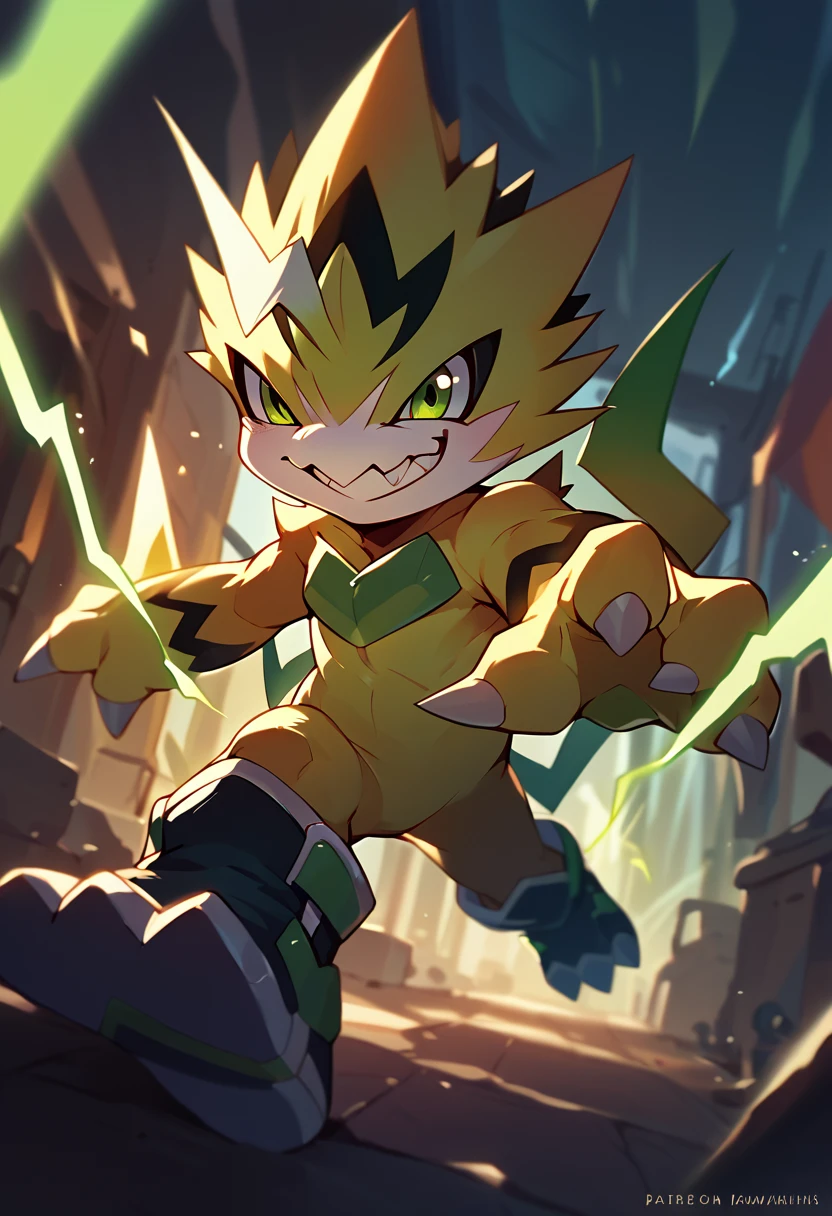 score_9, score_8_up, score_7_up, score_6_up, source_furry, solo, dof, blurred background,  <lora:DIGIMON_PULSEMON:1> pulsemon, digimon (creature), green electricity effect, sparks, toothy grin, cinematic, dynamic angle, motion blur