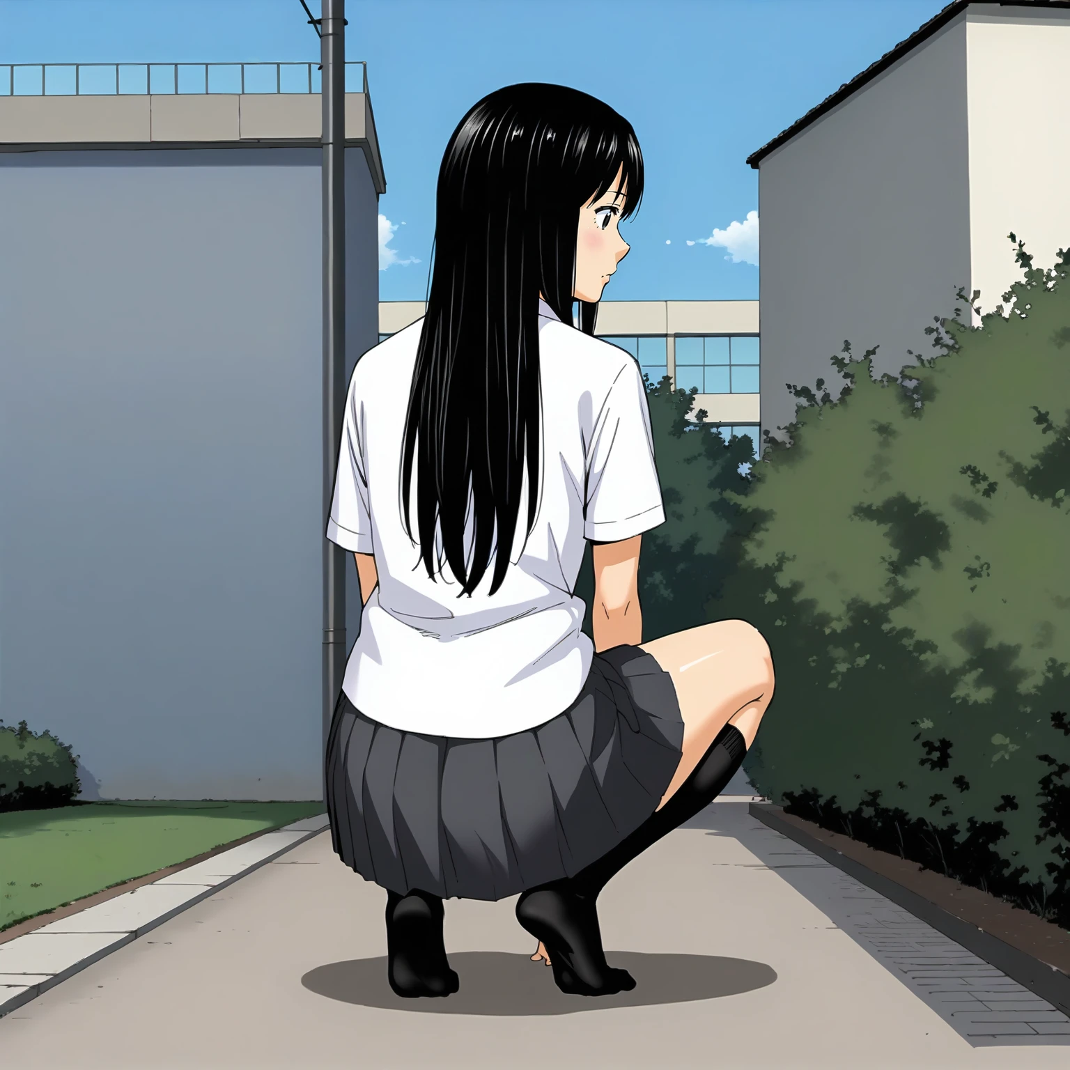 <lora:KZ_RihoIidaXLpony002>,
solo,
RihoIida,1girl,black hair,long hair,black eyes,
dress_shirt,short_sleeves,
pleated_skirt,
black socks,knee length socks,
outdoors,
full body,squatting,looking back,