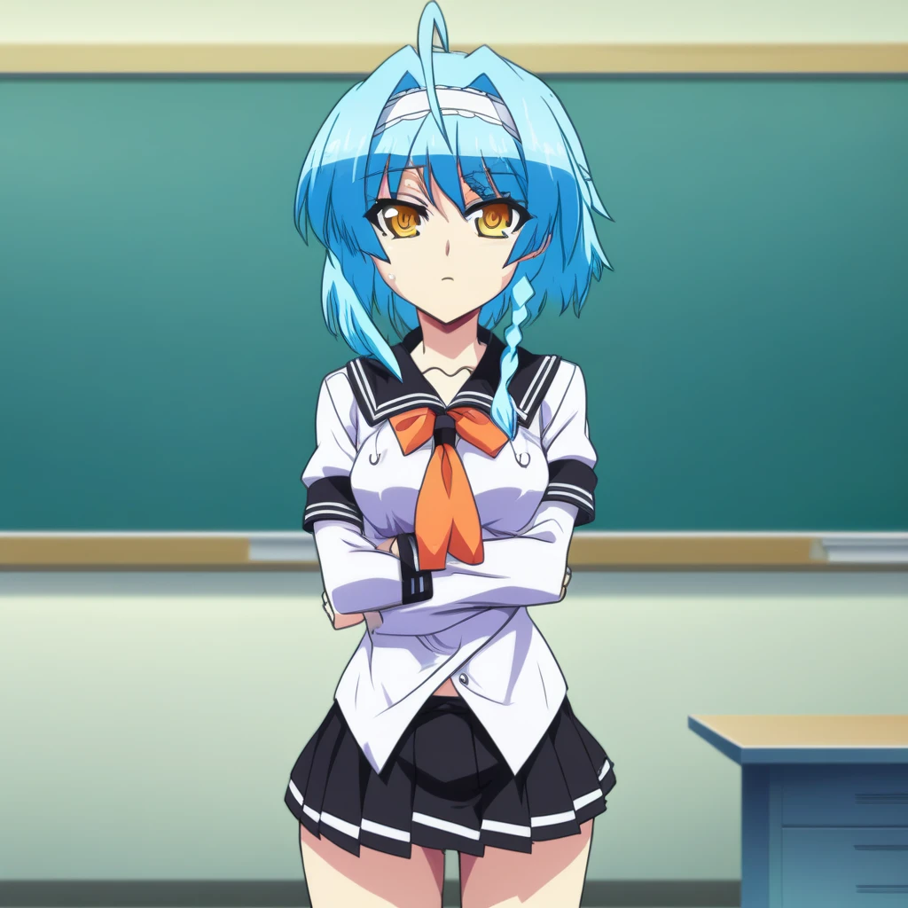 score_9, score_8_up, score_7_up, source_anime, NonakaYuki, 1girl, solo, closed mouth, aqua hair, yellow eyes, medium hair, hairband, side braid, ahoge, YukiSchool, black sailor collar, white shirt, orange neckerchief, black skirt, standing, looking at the viewer, (thigh gap:1.2), cowboy shot, indoors, classroom