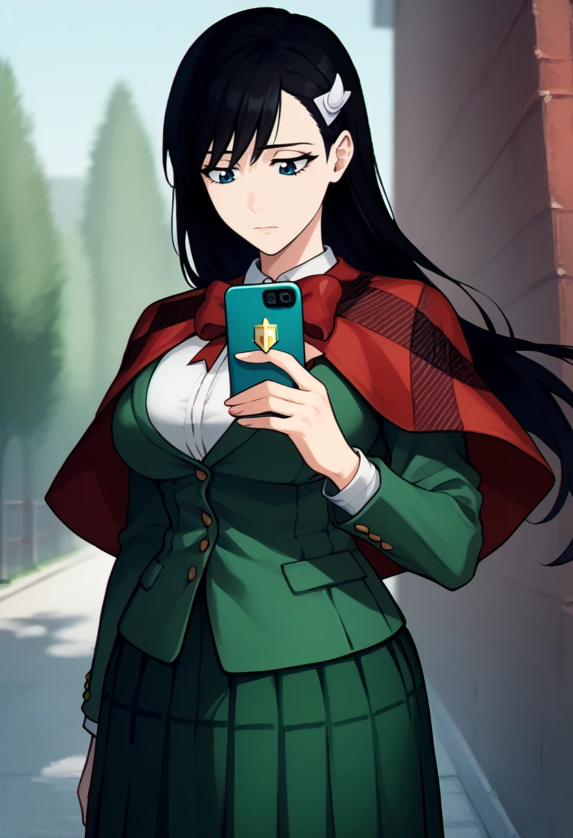 score_9, score_8_up, score_7_up, solo, 1girl, niihashi noel, expressionless, looking down, standing, holding phone, black hair, hairclip, red capelet, plaid, green jacket, long sleeves, white shirt, collared shirt, red bow, green skirt, pleated skirt, large breasts, outdoors <lora:burnthewitch_niihashi_ponyXL:1>