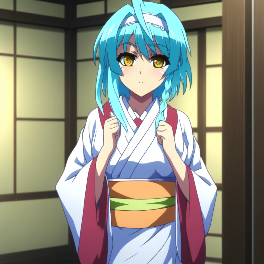 score_9, score_8_up, score_7_up, source_anime,  NonakaYuki, 1girl, solo, closed mouth, light smile, blush, aqua hair, yellow eyes, side braid, YukiWedding, japanese clothes, (hood:1.2), white kimono, red sash, standing, looking at the viewer,  indoors