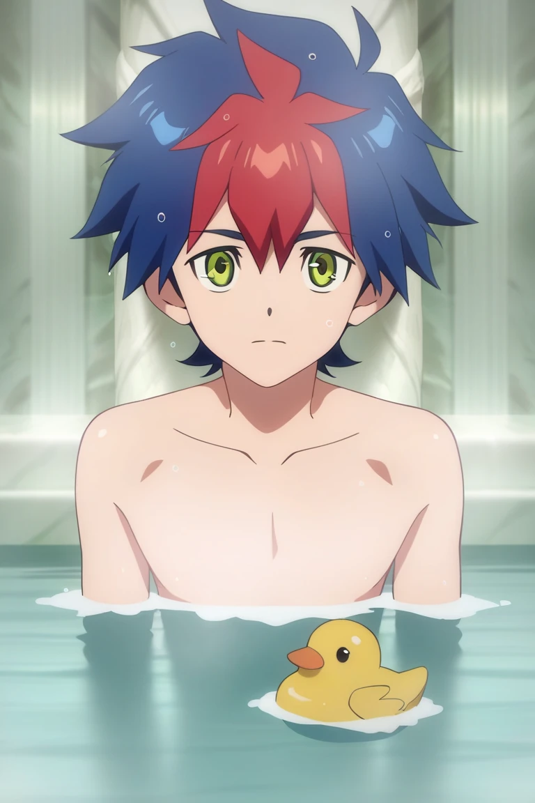 tmasterpiece,best qualityer,asanaka yomogi,1boy,独奏,malefocus,blue hairs,orange eyes,hair adornments,looking at viewert,Blue-haired anime boy standing on beach by the sea, on the beach, in the beach, in beach, drawn in anime painter studio, at a tropical beach, anime moe art style, On a beach, Guviz-style artwork, Anime boy, Smooth anime CG art, made with anime painter studio,no clothes are worn,nakeness,musculature,is shy,Be red in the face