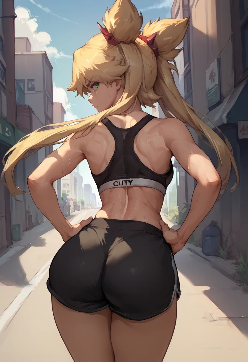 score_9, score_8_up, score_7_up, from behind, solo, 1girl, ninny spangcole, sweat, unamused, looking back, hands on own hips, twintails, hair ornament, black sports bra, black shorts, short shorts, ass, outdoors, city street <lora:burnthewitch_spangcole_ponyXL:1>