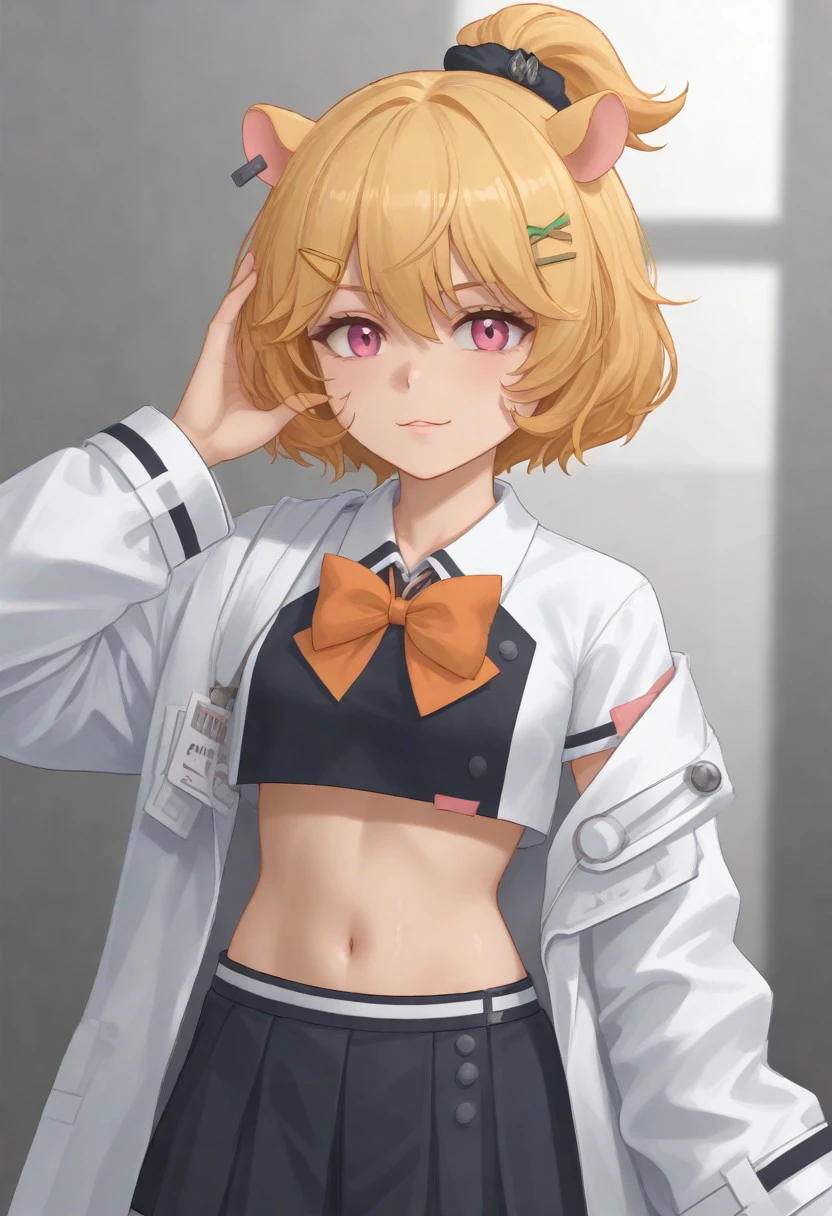 1girl, solo, Eimi_Isami, hair ornament, animal ears, blonde hair, hairclip, bangs, short hair, pink eyes, black scrunchie,
bow, navel, midriff, black skirt, pleated skirt, crop top, id card, collared shirt,
jacket, labcoat, long sleeves, sleeves past wrists, open clothes, off shoulder,
looking at viewer, waving