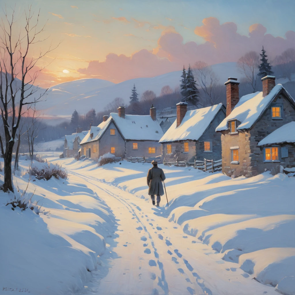 masterpiece, best quality, <lora:add-detail-xl:1>, ArsMJStyle, impressionism,  A snow-covered village at dusk, with warm light spilling from cottage windows onto the blue-shadowed snow. Smoke rises from chimneys, blending with the darkening sky. A lone figure hurries along a path, leaving a trail of footprints in the fresh snow, capturing a moment of solitary peace.