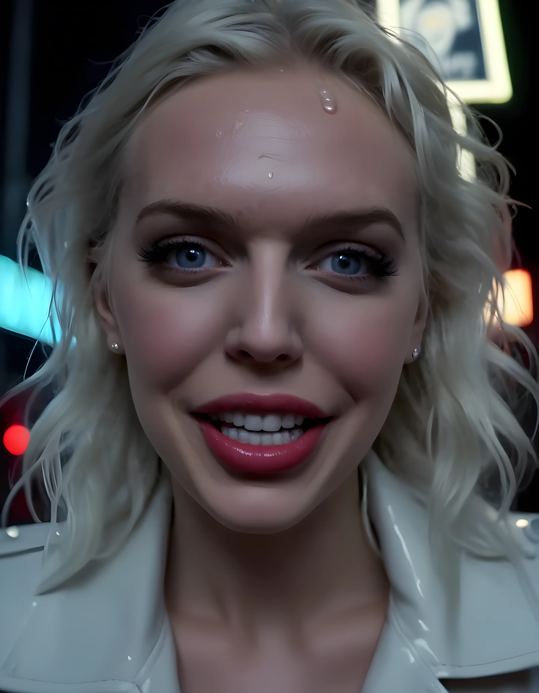 In a surreal noir setting, a striking woman named AL3X4NDR4C, with platinum blonde hair cascading down her shoulders like liquid silver, poses seductively against the gritty backdrop of a neon-lit, rain-soaked alleyway. Her piercing blue eyes lock onto the viewer's soul, while her crimson lips curl into a knowing smirk that hints at both allure and danger. The camera, positioned low from the ground, captures a close-up of her face, with the raindrops cascading down her cheeks and her perfectly white teeth gleaming like pearls against the darkness. The harsh, contrasting light from the neon signs casts deep shadows across her face, creating an intense emotional tone that exudes mystery and intrigue.